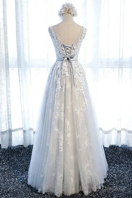 A Line Round Neck Sleeveless Lace Grey/Pink/Champagne Prom Dresses, Lace Formal Dresses, Evening Dresses