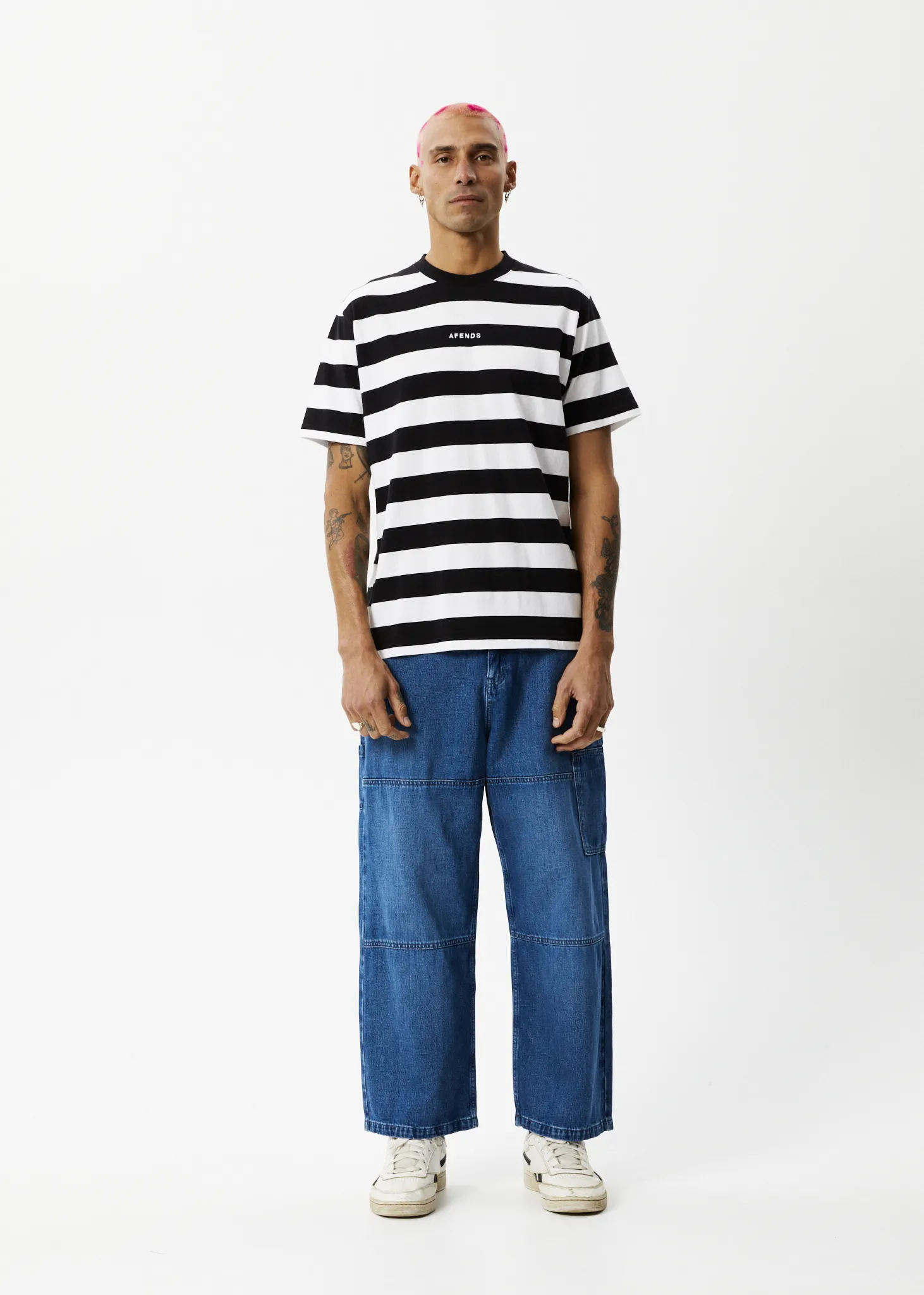 AFENDS Mens Needle - Retro Logo T-Shirt - Black Stripe