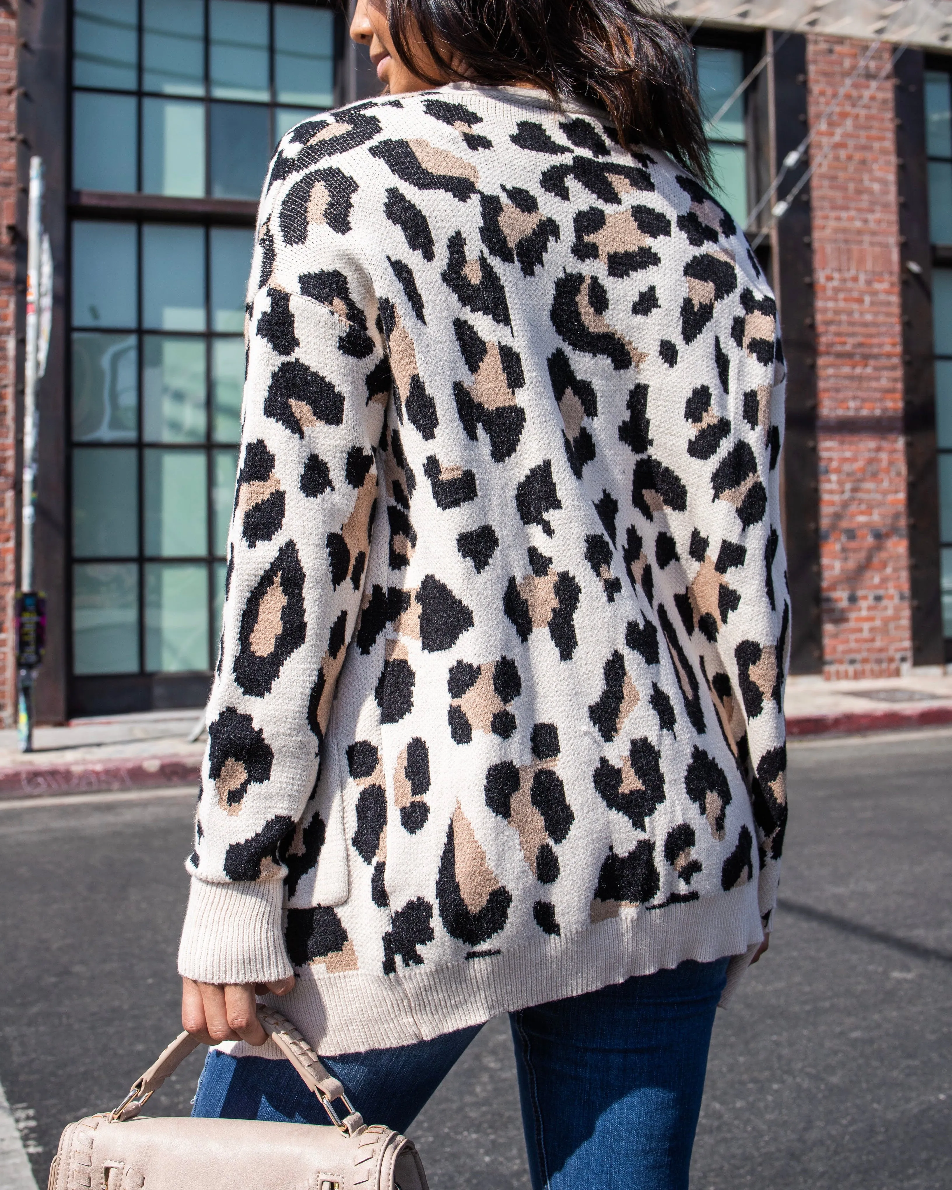 Animal Print Front Pocketed Open Front Knit Cardigan in Taupe