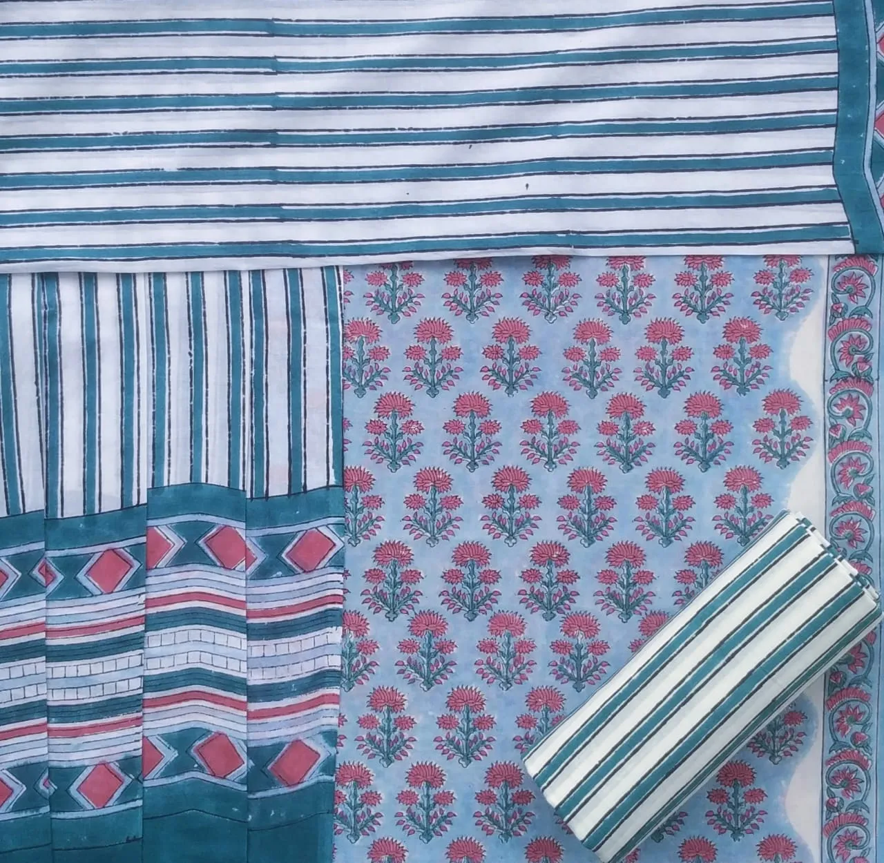 Appealing Hand Block Print Cotton Suit Set with Mulmul Dupatta (PRMUL257)