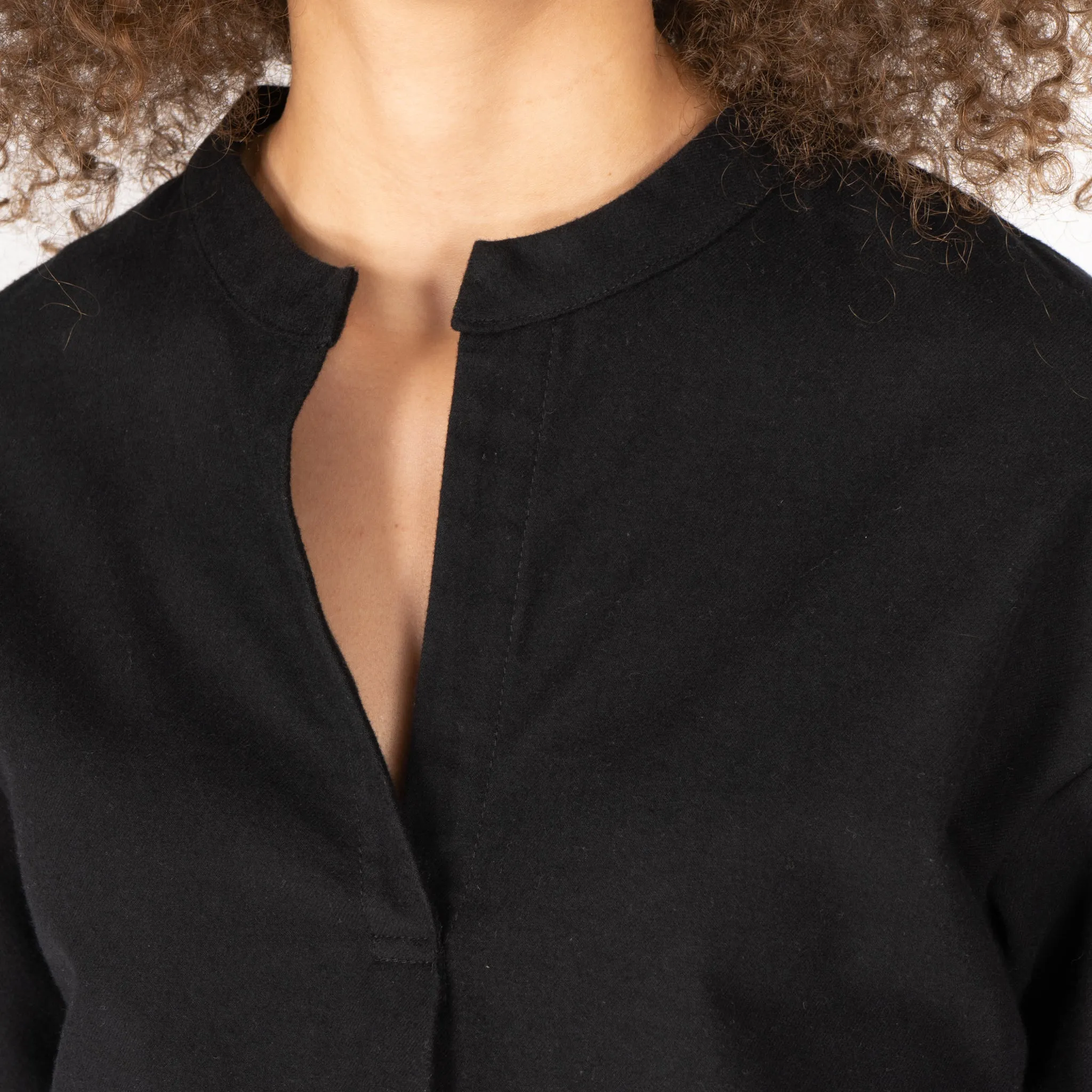 Band Collar Shirt - Cotton Yarn Dyed Flannel - Black