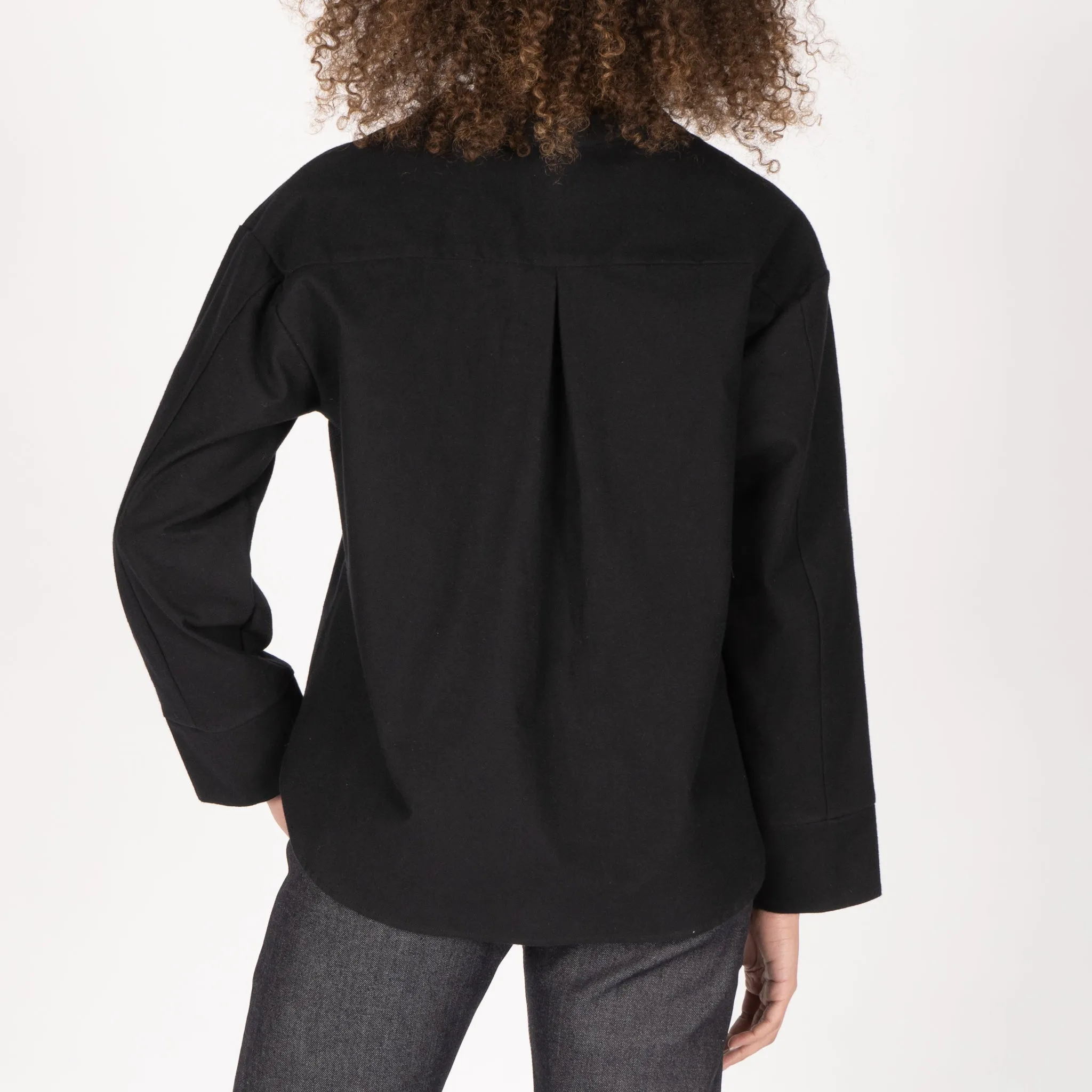 Band Collar Shirt - Cotton Yarn Dyed Flannel - Black