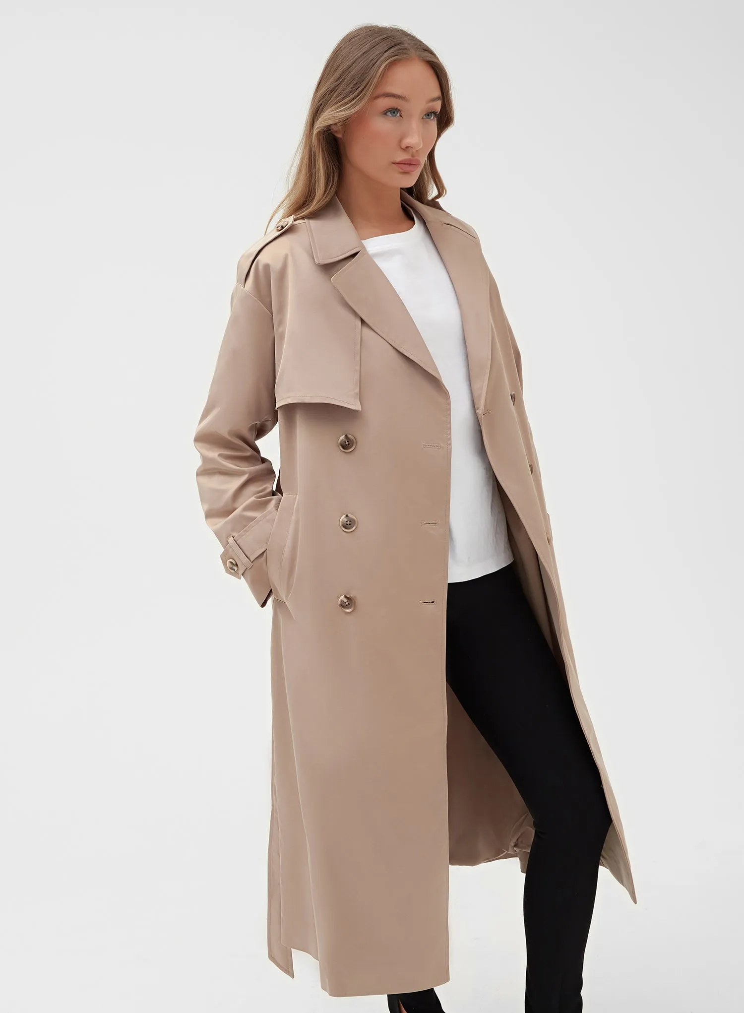 Elegant Beige Belted Trench Coat - Lille Collection