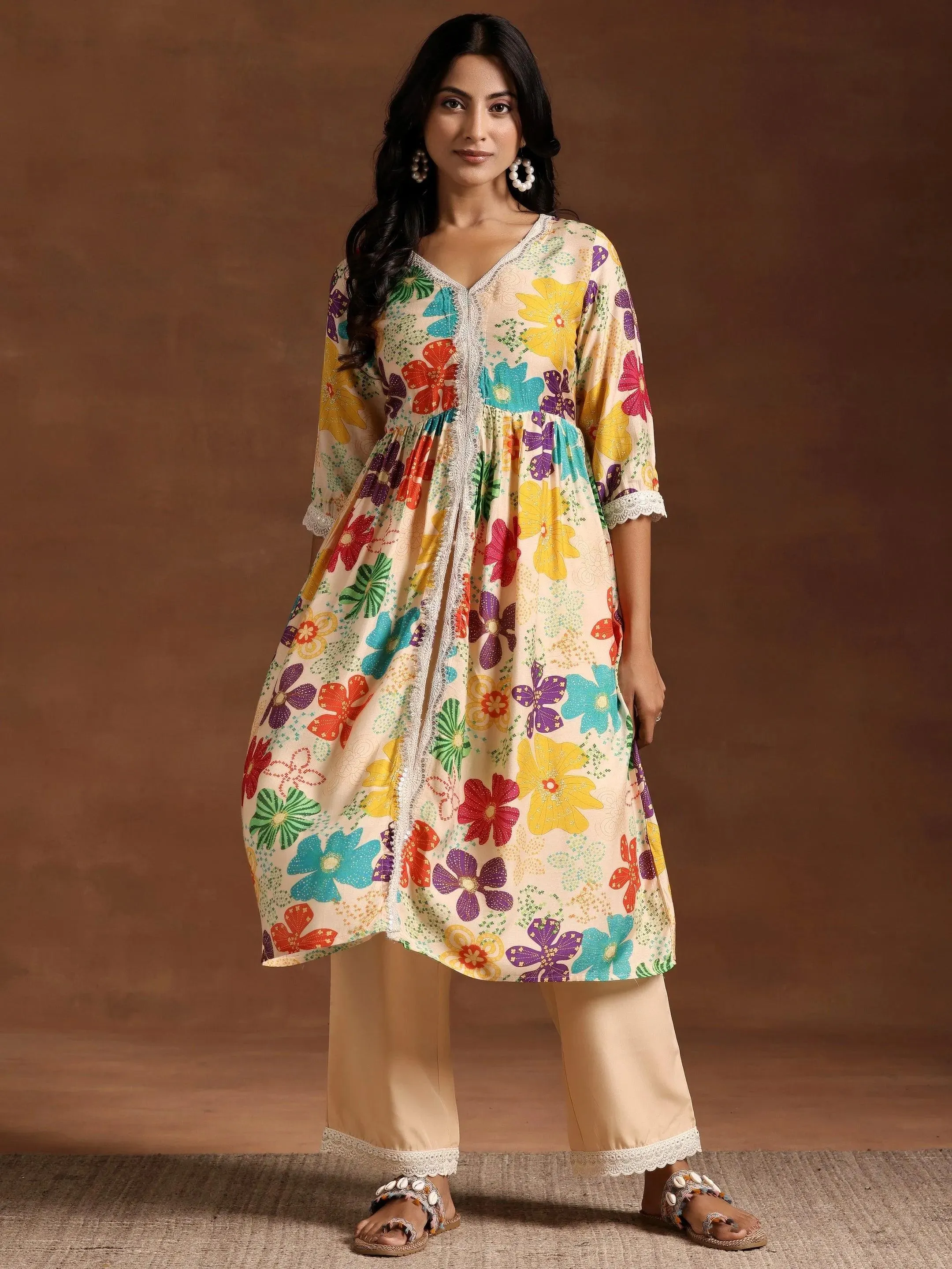 Beige Printed Silk Blend A-Line Kurta With Palazzos