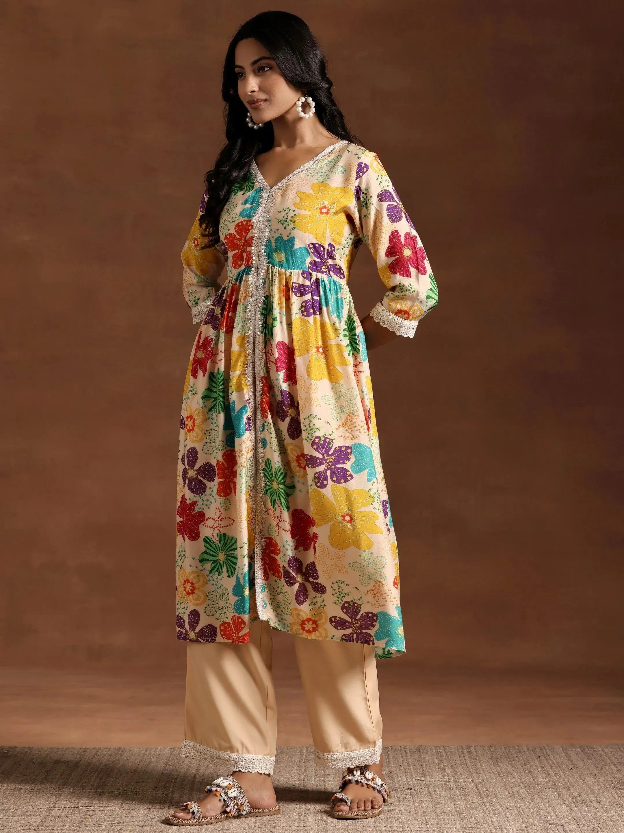Beige Printed Silk Blend A-Line Kurta With Palazzos