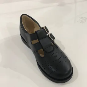 Black double straps with buckle school shoe(leaves)