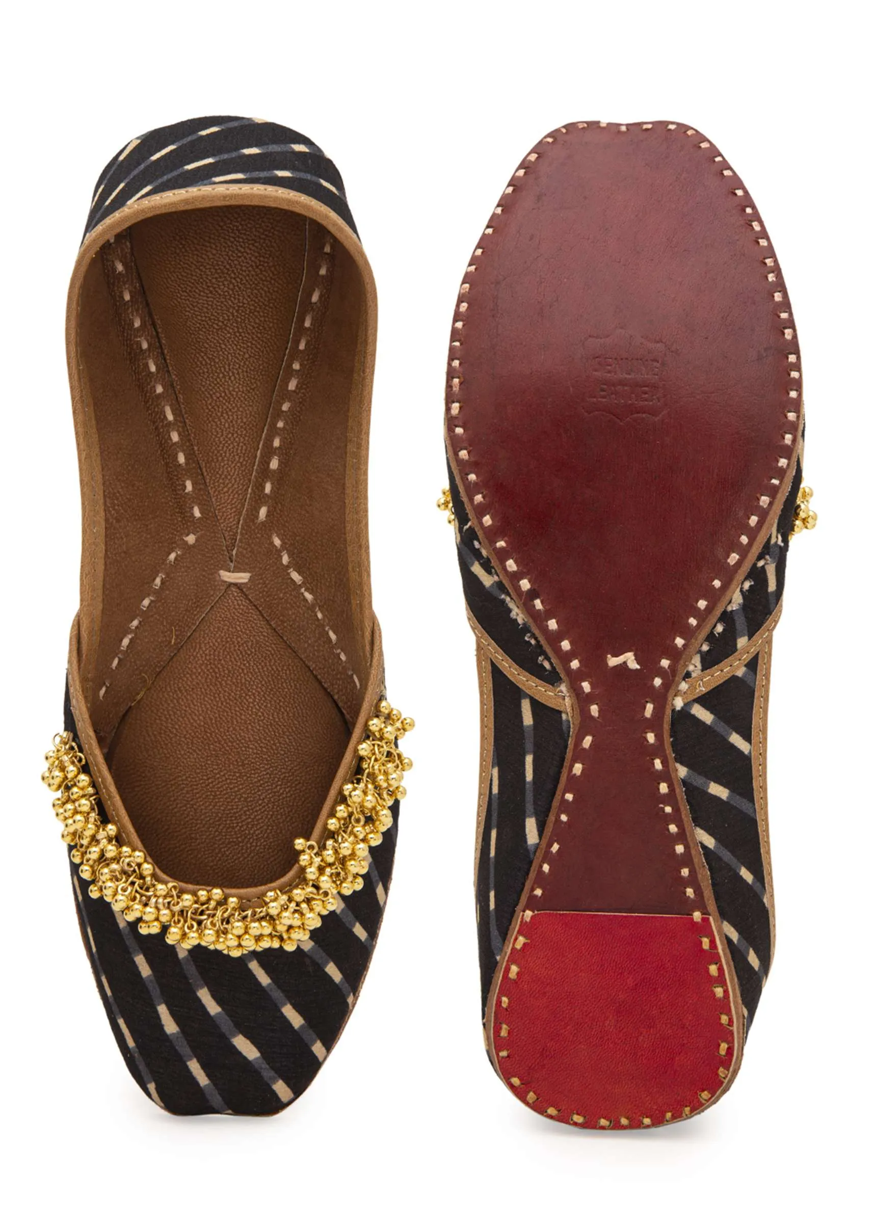 Black Geometric Print Juttis In Silk With Ghungroo Embellishment