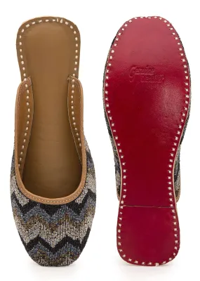 Black Juttis In Silk With Fine Cut Dana Embroidery