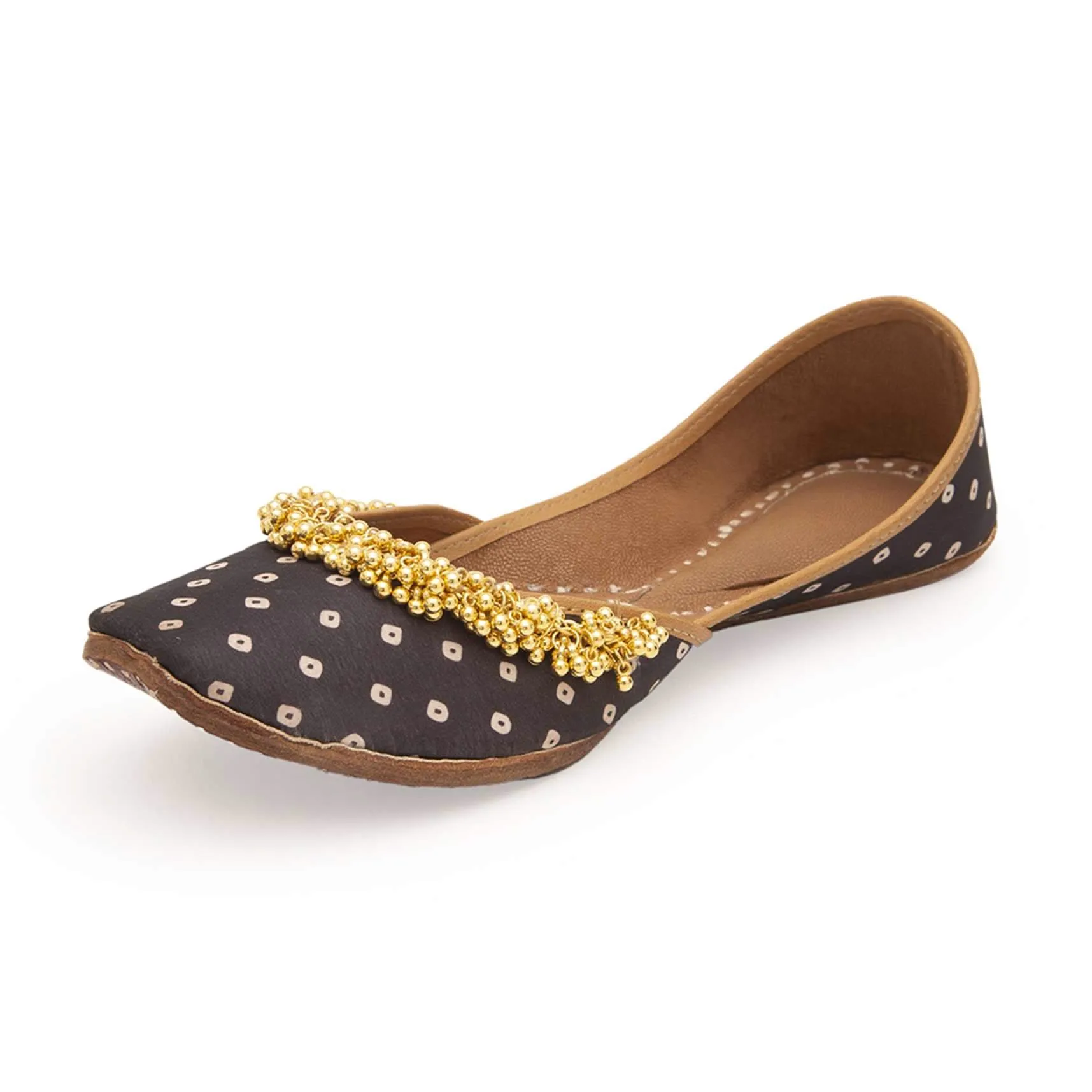 Black Print Juttis In Silk With Ghungroo Embellishment And Geometric Print