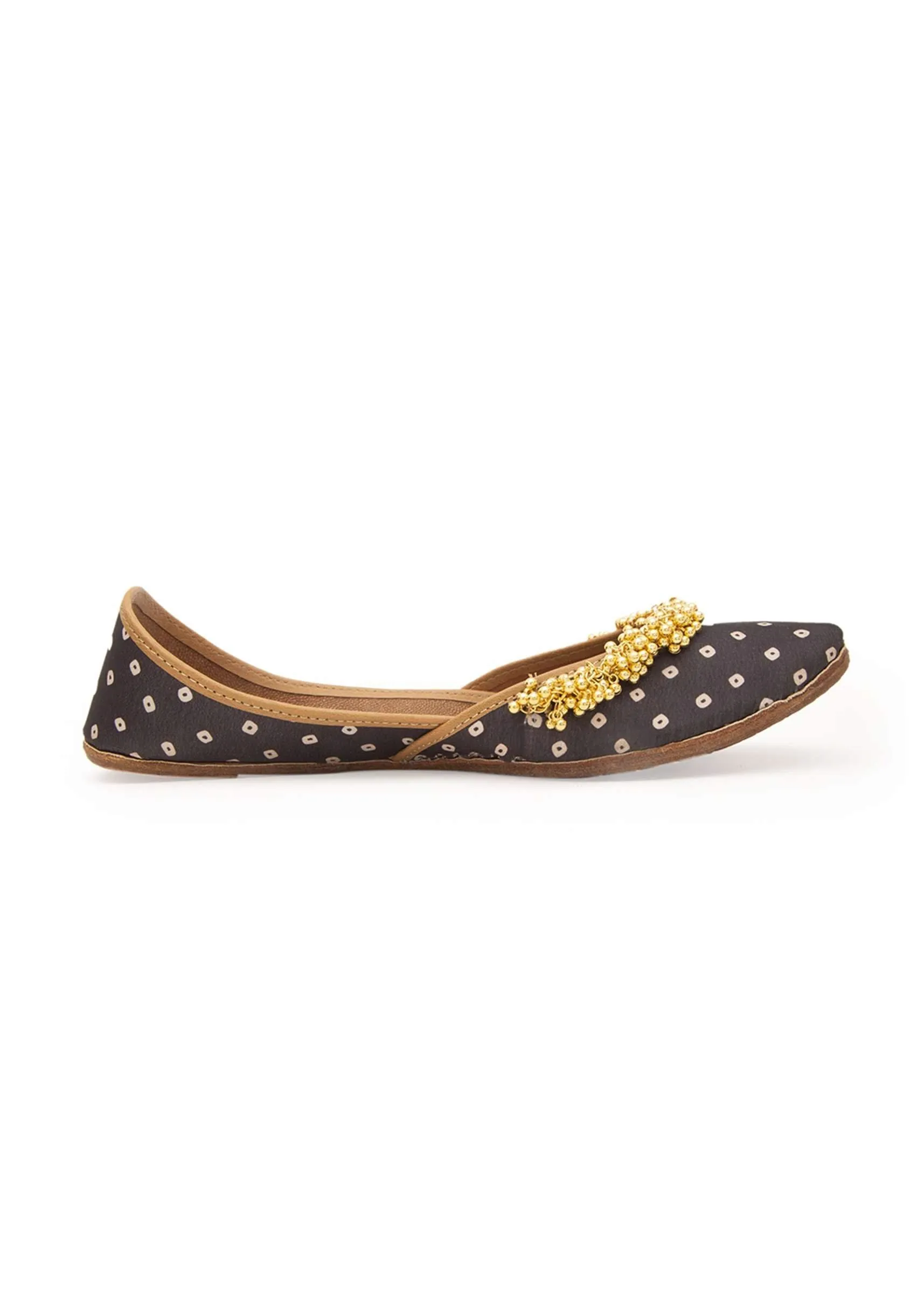 Black Print Juttis In Silk With Ghungroo Embellishment And Geometric Print