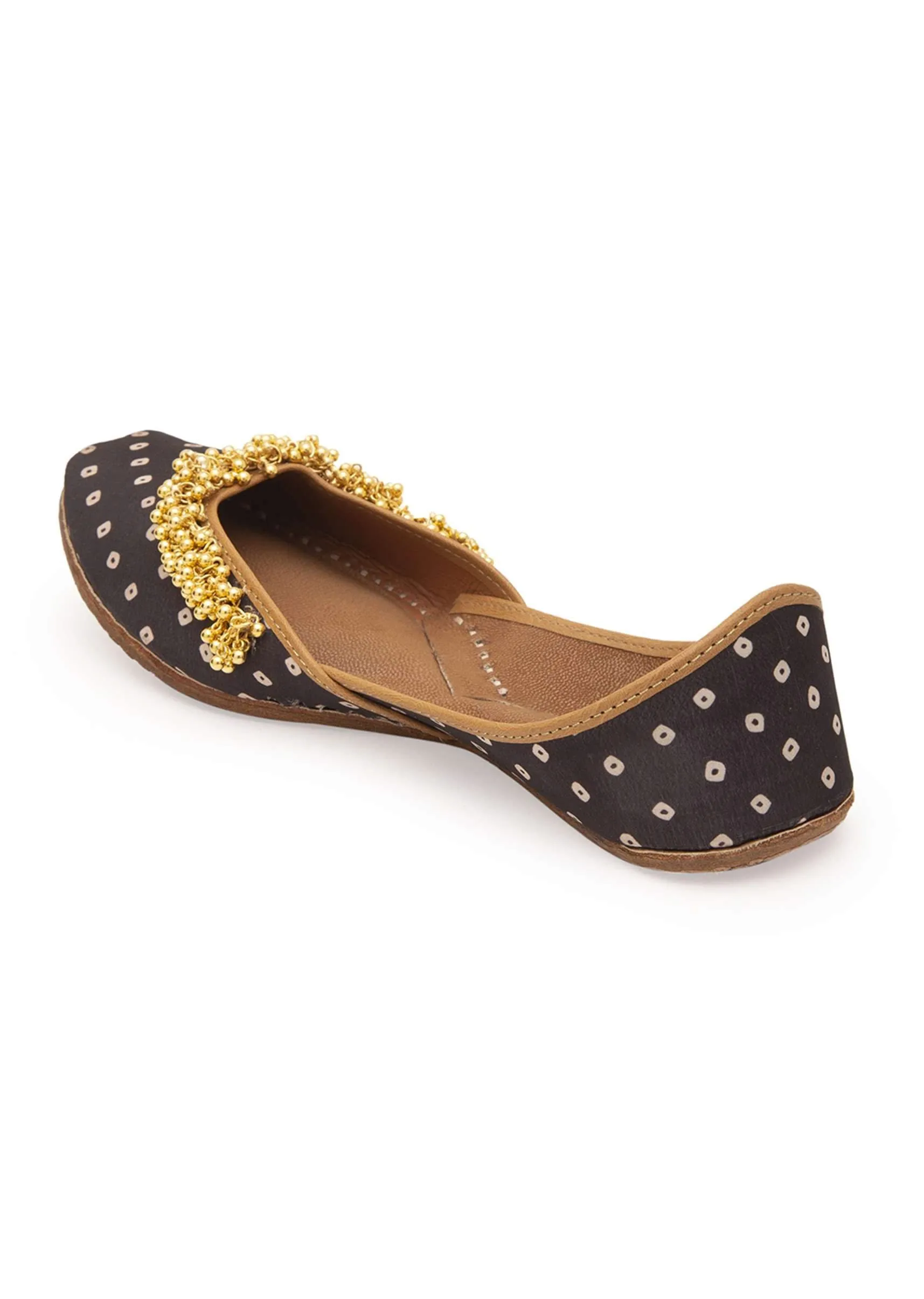 Black Print Juttis In Silk With Ghungroo Embellishment And Geometric Print