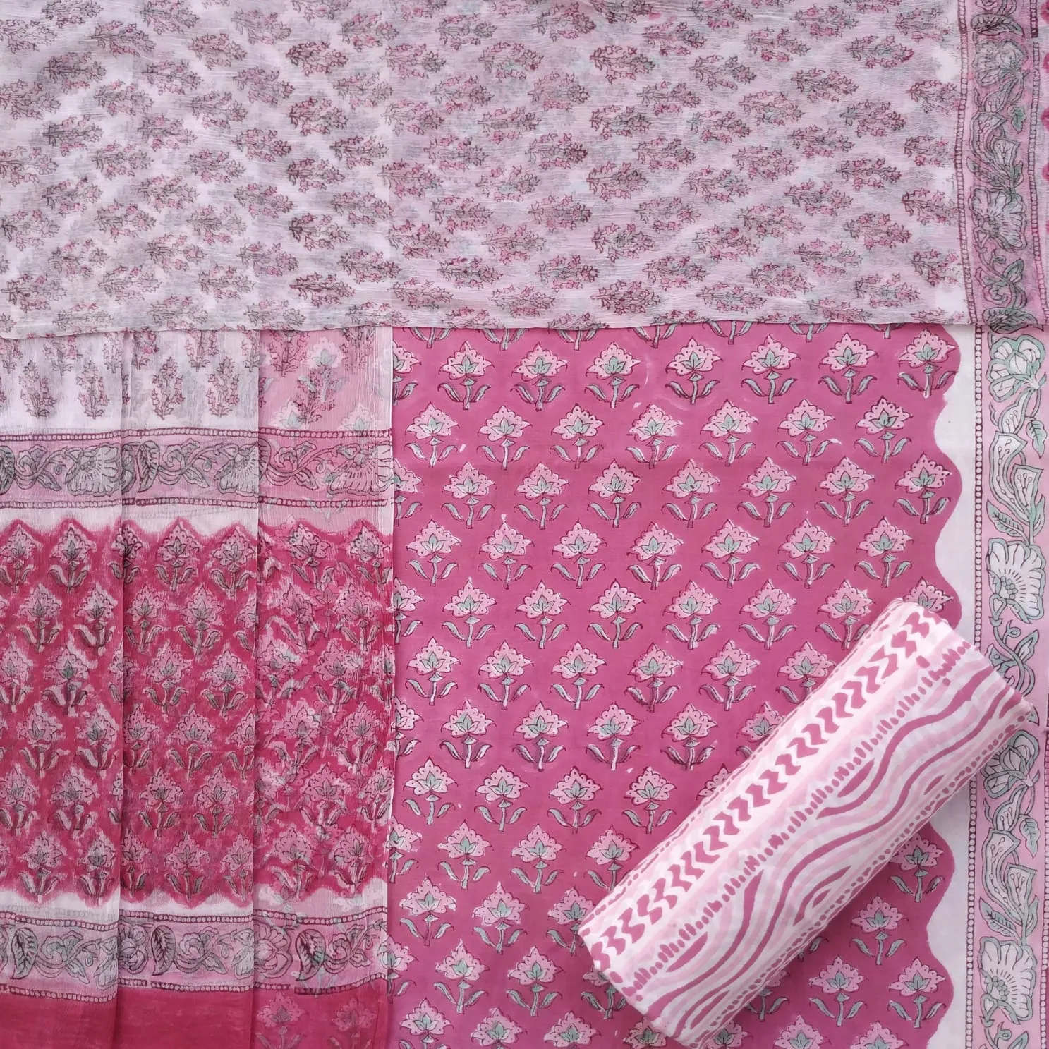 Buti Print Cotton Suit Set with Chiffon Dupatta (PCHF438)