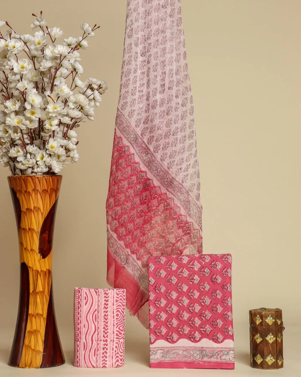 Buti Print Cotton Suit Set with Chiffon Dupatta (PCHF438)