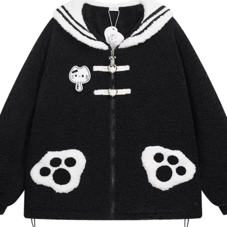 Cat Paw Navy Collar Lamb Wool Coat AD21197