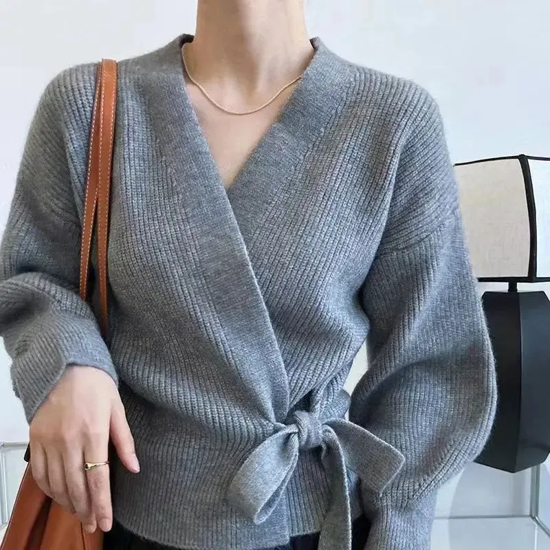 deanwangkt Early Autumn Bow Tie V-Neck Knit Women's Short High Waist Cardigan Sweater Coat Overlay Design Sense Top