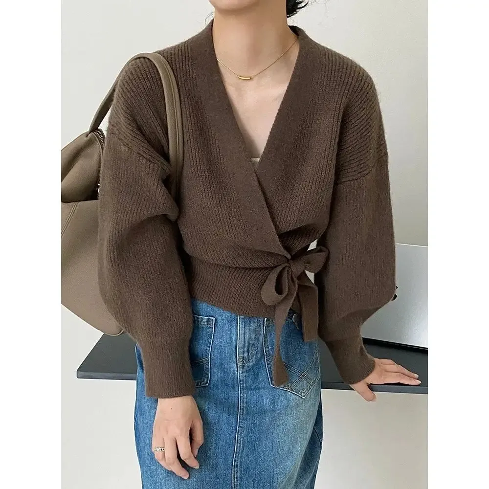 deanwangkt Early Autumn Bow Tie V-Neck Knit Women's Short High Waist Cardigan Sweater Coat Overlay Design Sense Top