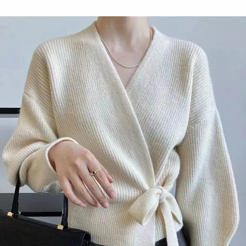 deanwangkt Early Autumn Bow Tie V-Neck Knit Women's Short High Waist Cardigan Sweater Coat Overlay Design Sense Top