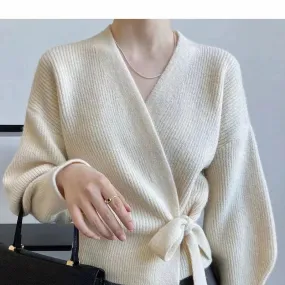 deanwangkt Early Autumn Bow Tie V-Neck Knit Women's Short High Waist Cardigan Sweater Coat Overlay Design Sense Top