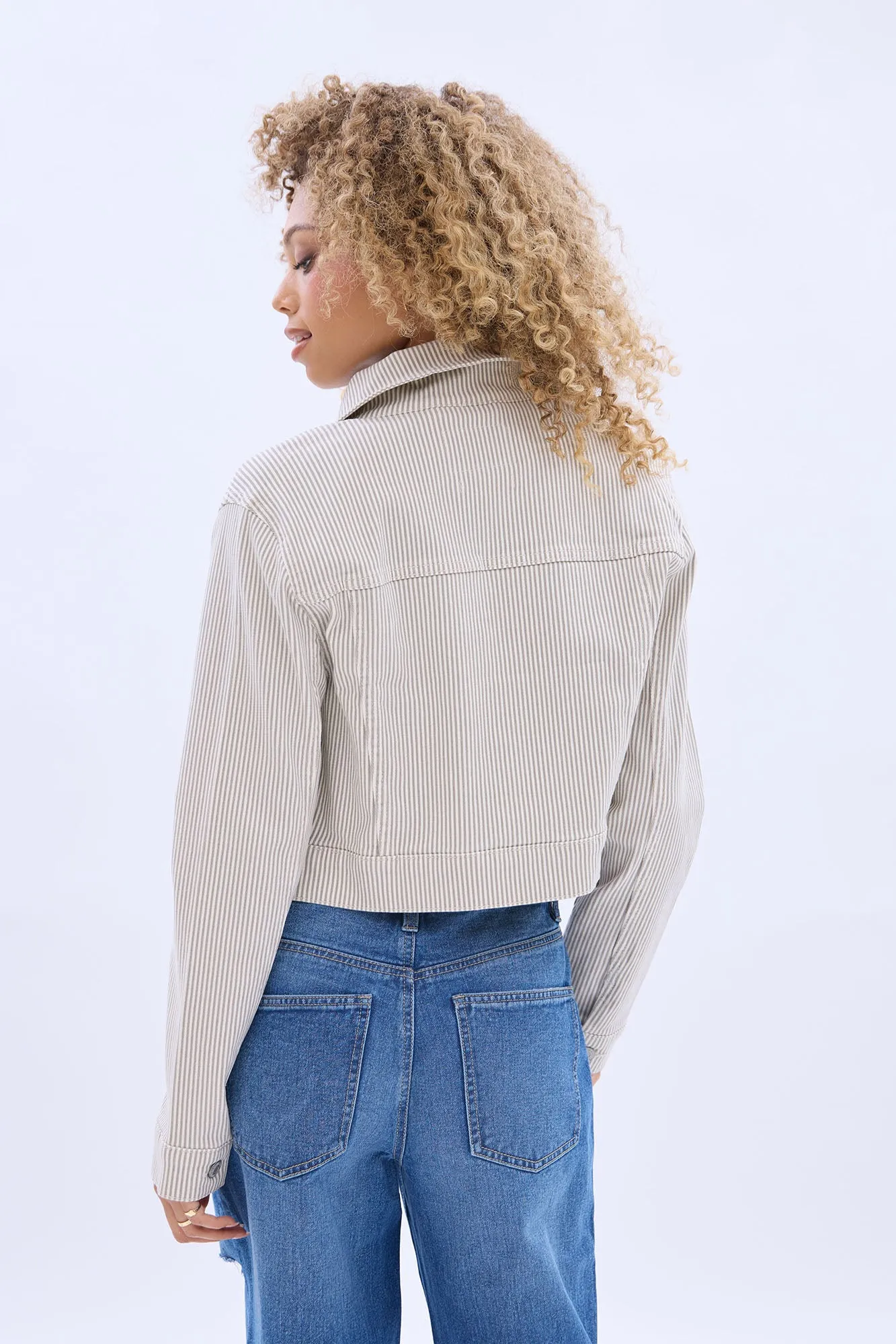 Denim Striped Cropped Jacket