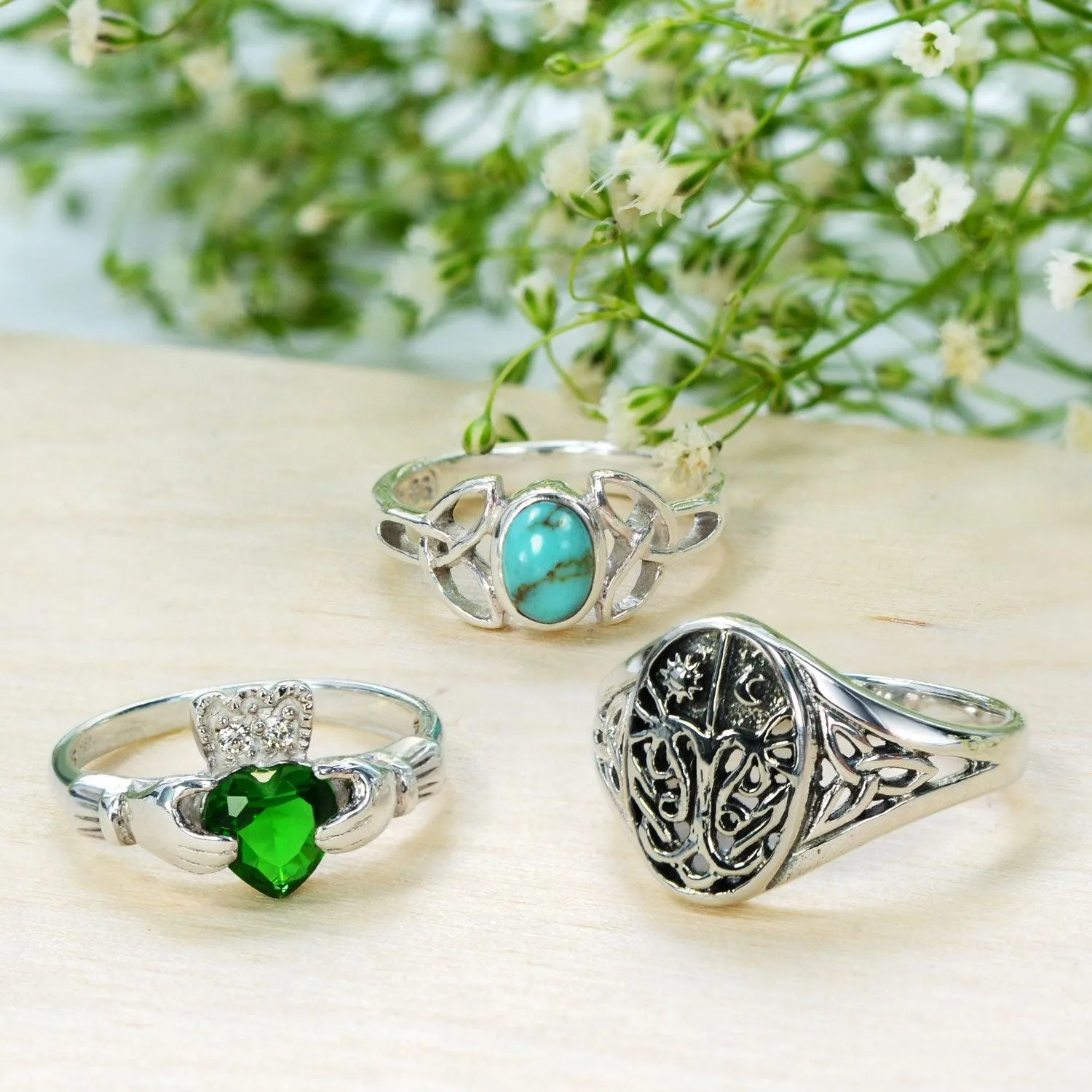 Gemstone CZ BFF Sorority Sister Celtic Triquetra Love Knot Ring .925 Silver