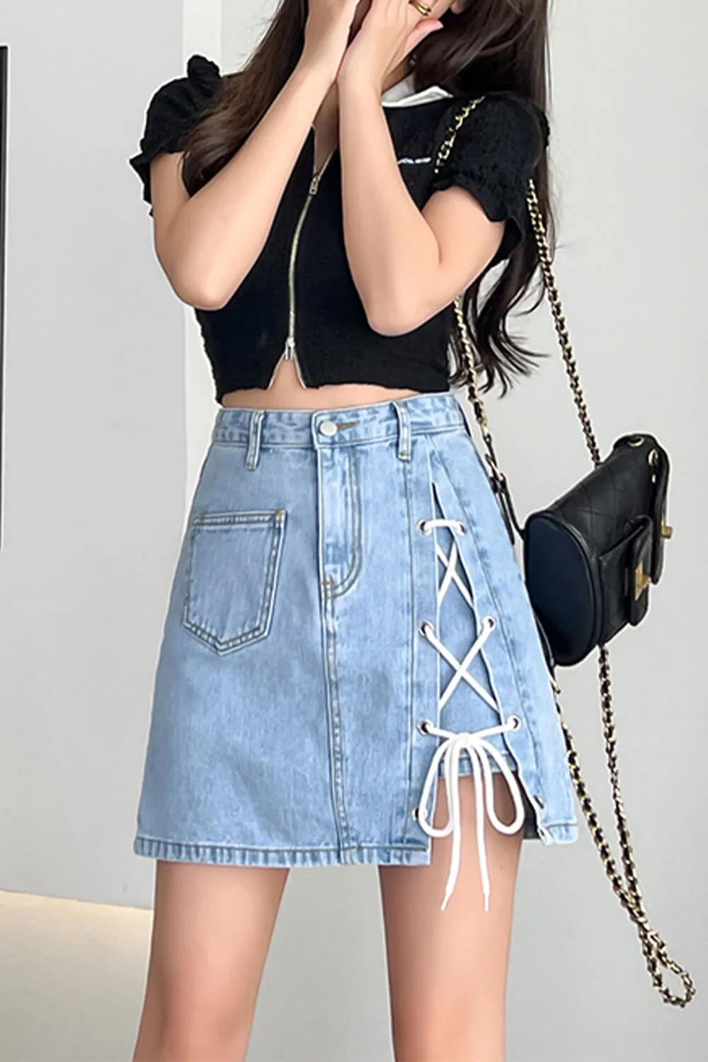 Light Blue Denim Skirt Side Lace