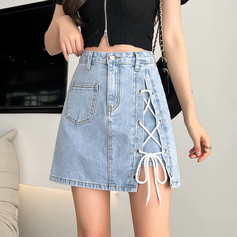 Light Blue Denim Skirt Side Lace