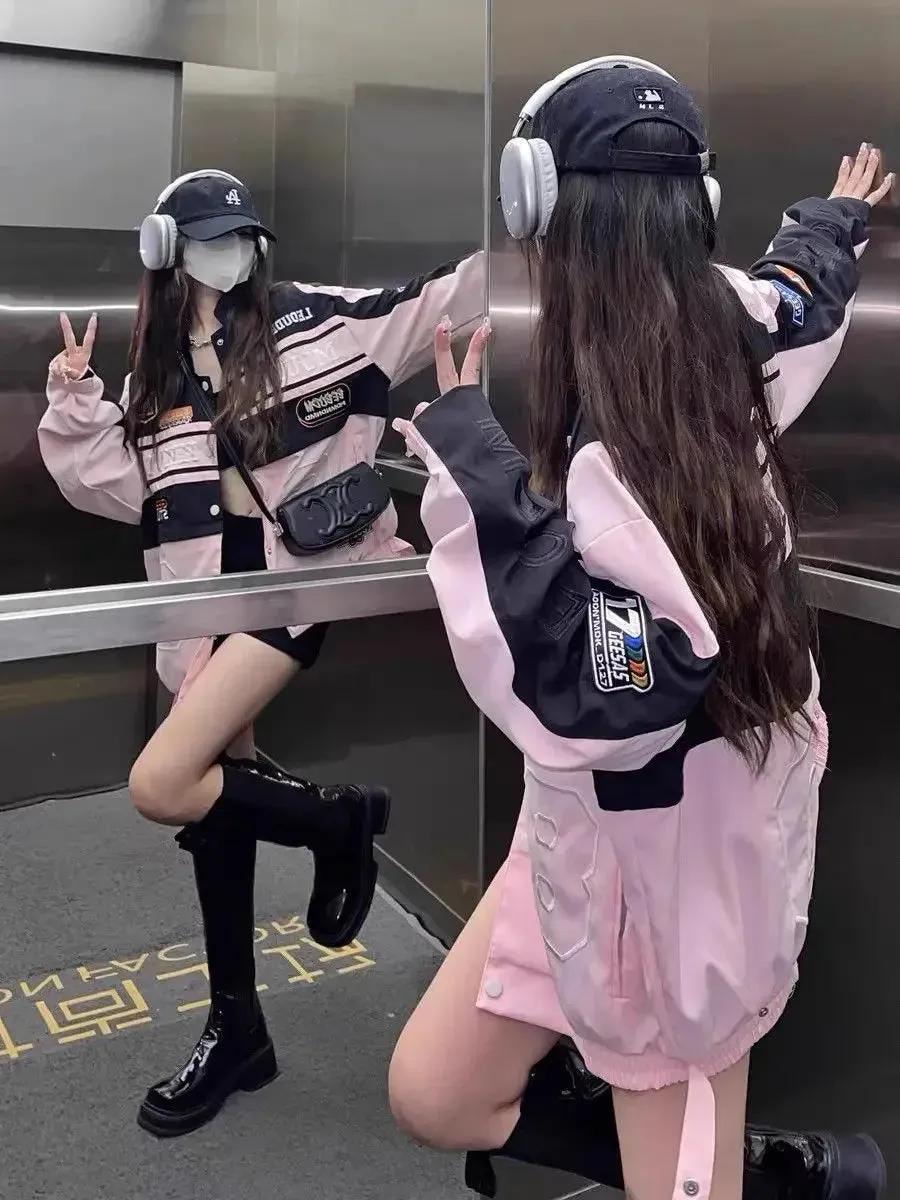 LVSANW American Fashion Label Detachable Motorcycle Jacket Women's Clothing Retro Hip-hop Loose Couple Baseball Outfit Pink Casual Coat
