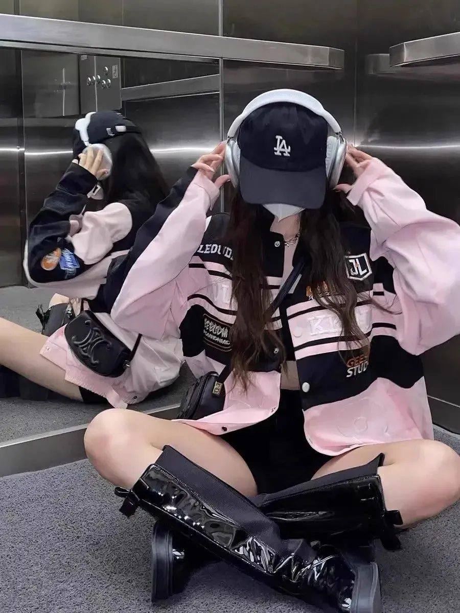LVSANW American Fashion Label Detachable Motorcycle Jacket Women's Clothing Retro Hip-hop Loose Couple Baseball Outfit Pink Casual Coat