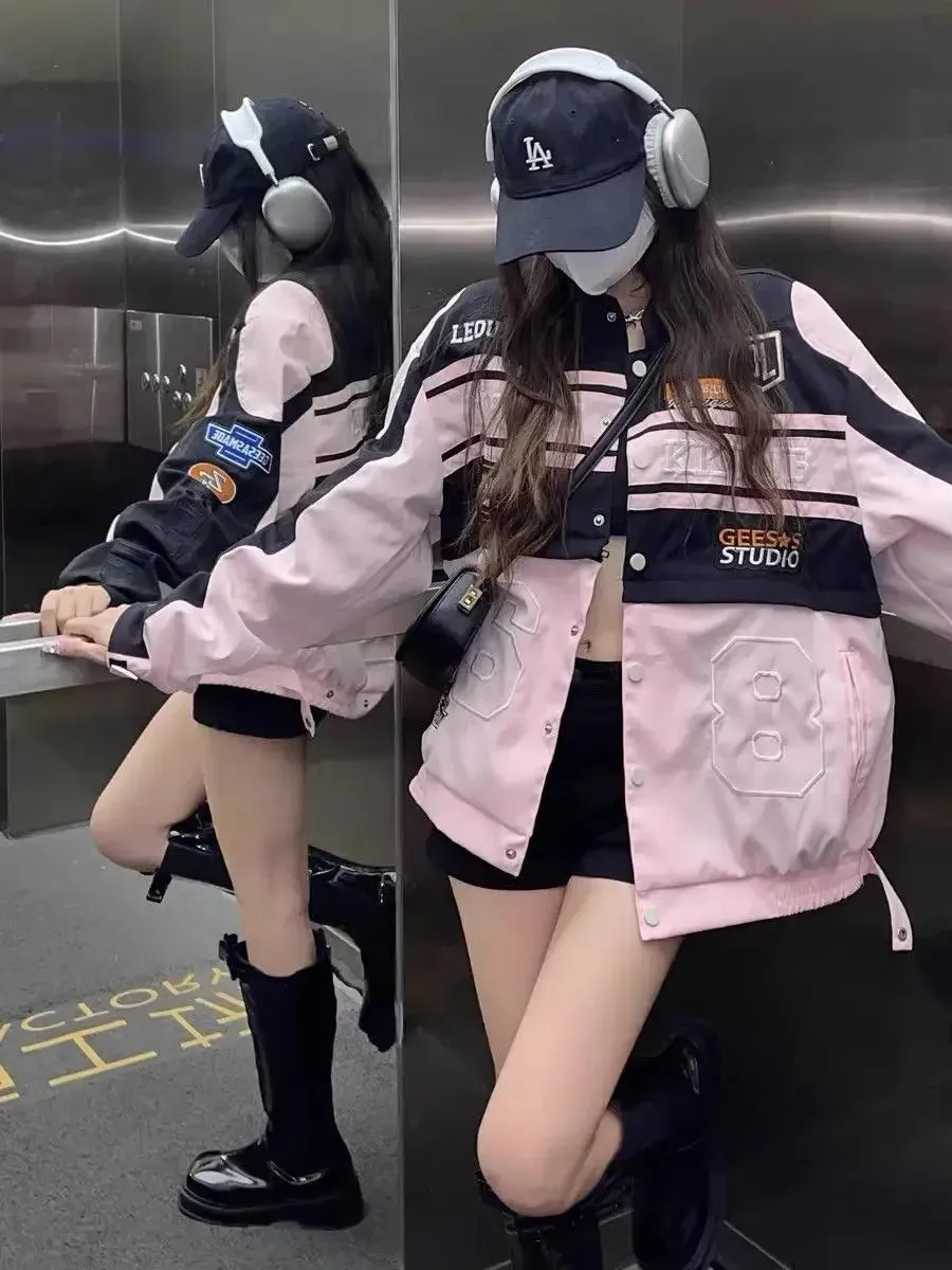 LVSANW American Fashion Label Detachable Motorcycle Jacket Women's Clothing Retro Hip-hop Loose Couple Baseball Outfit Pink Casual Coat