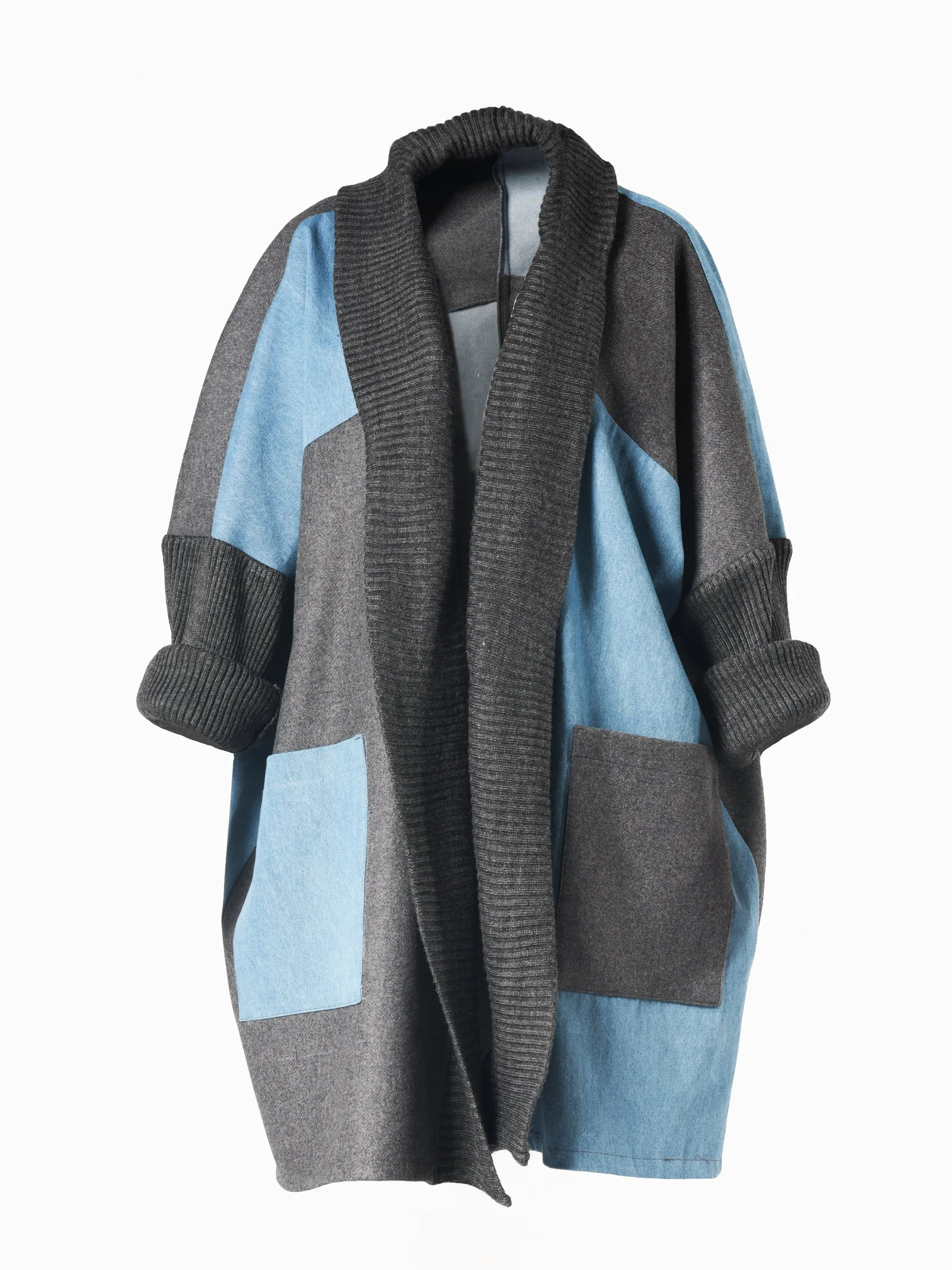 Oversize Gray Cardigan With Denim Parts