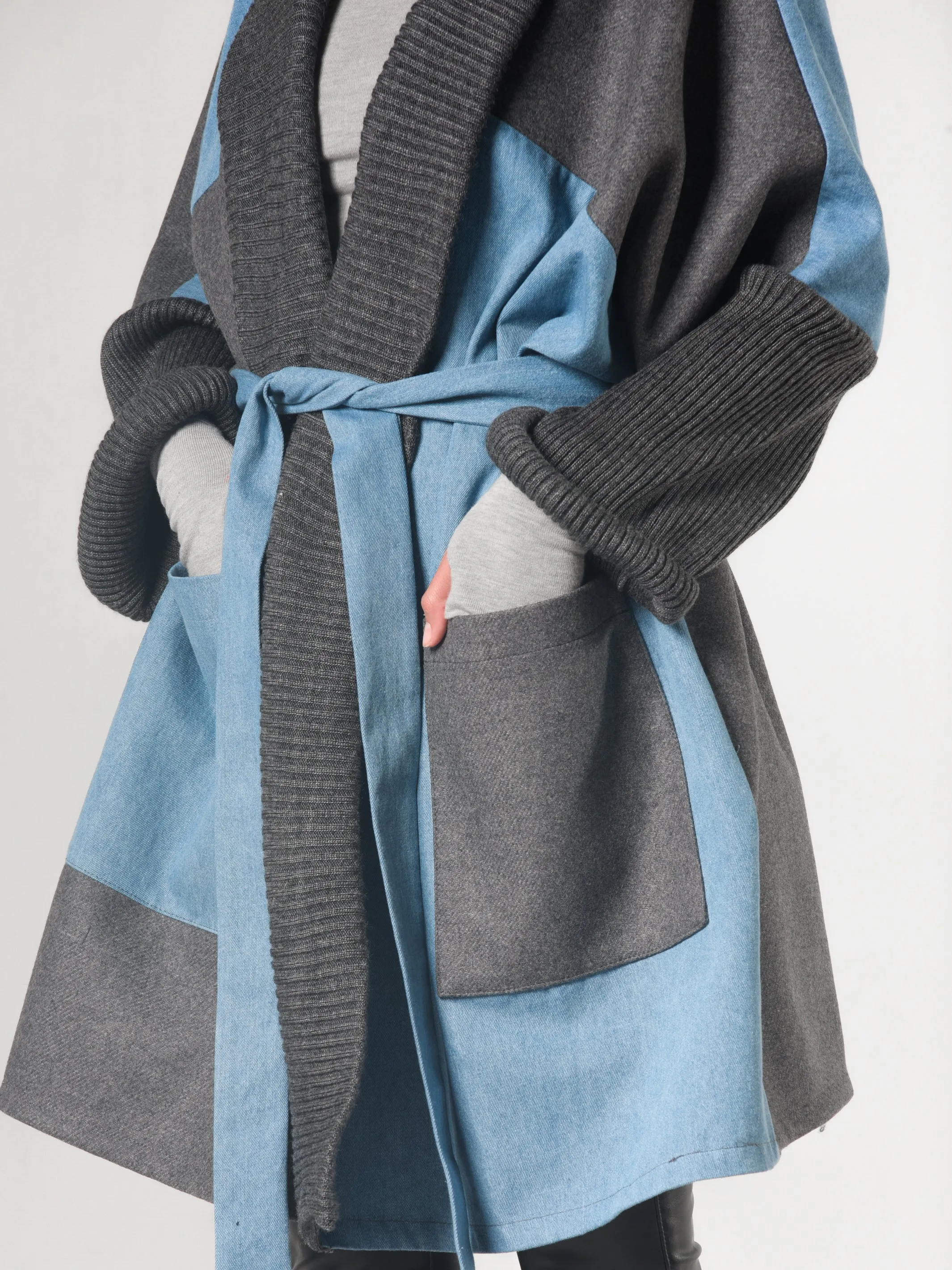 Oversize Gray Cardigan With Denim Parts