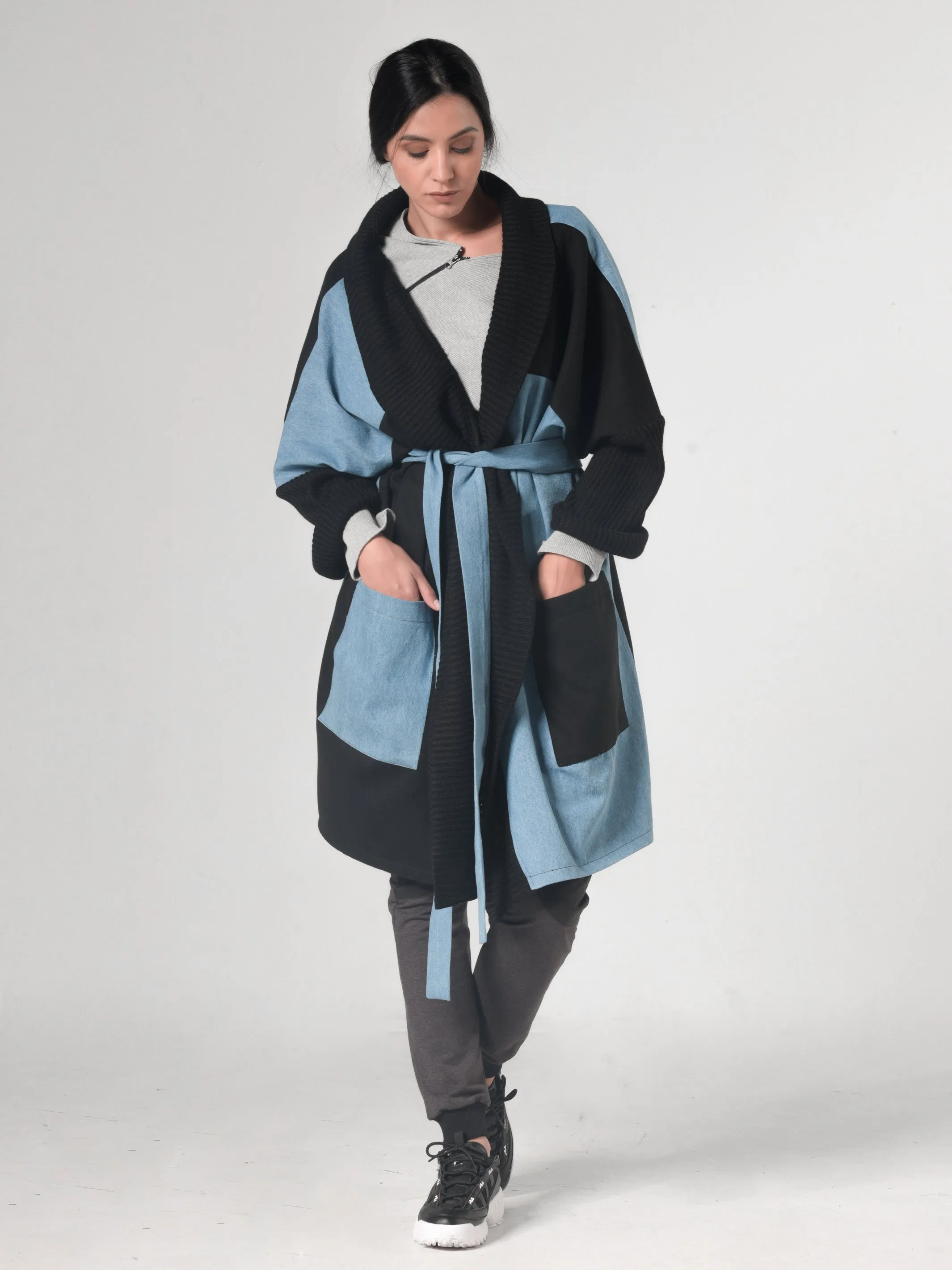 Oversize Gray Cardigan With Denim Parts