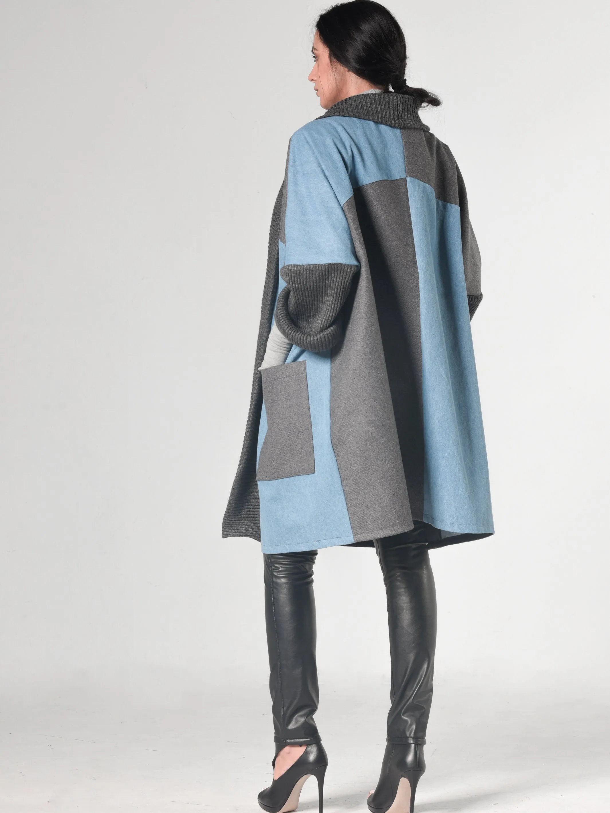 Oversize Gray Cardigan With Denim Parts