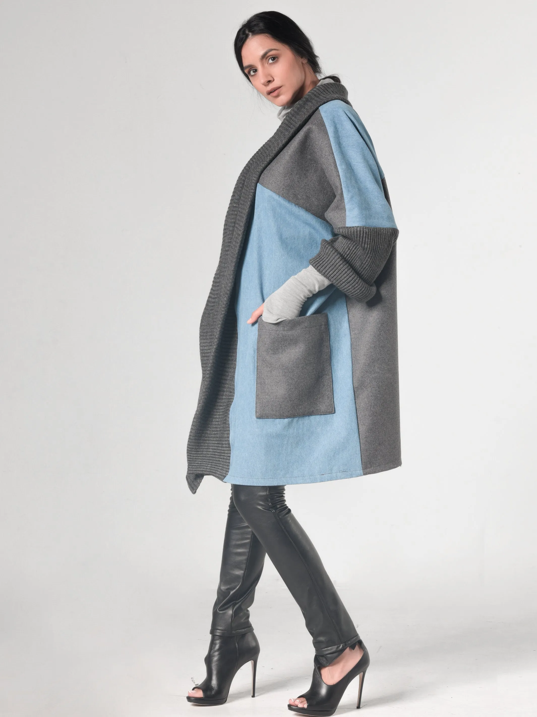 Oversize Gray Cardigan With Denim Parts