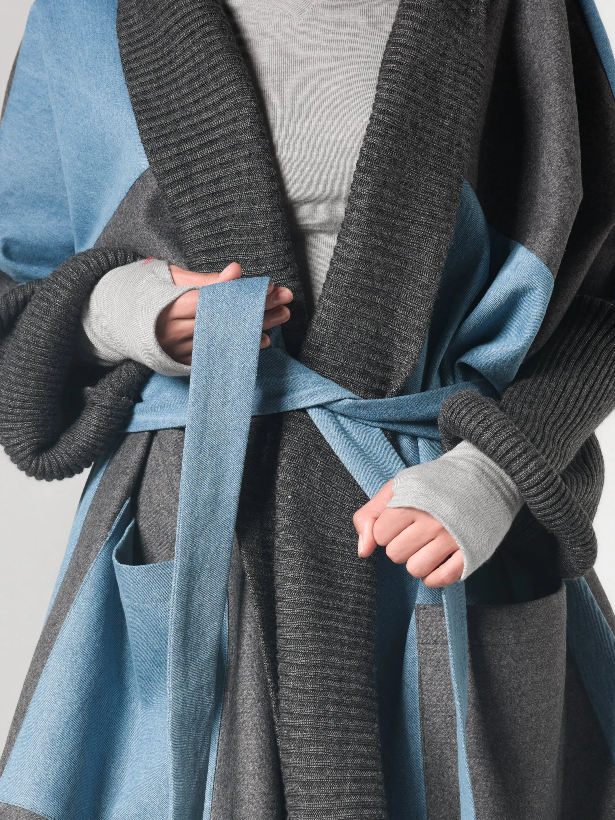 Oversize Gray Cardigan With Denim Parts