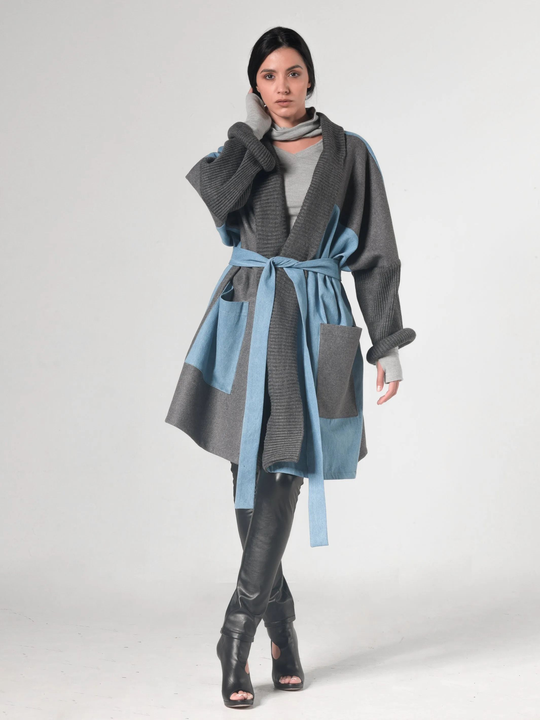 Oversize Gray Cardigan With Denim Parts