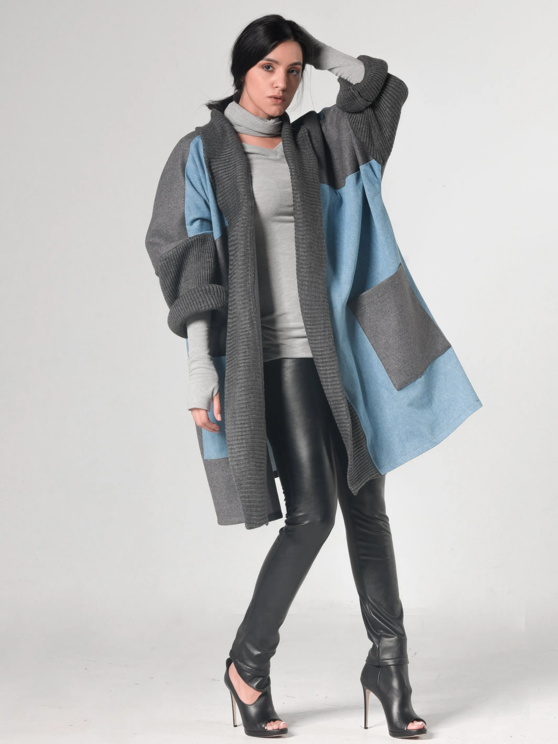 Oversize Gray Cardigan With Denim Parts
