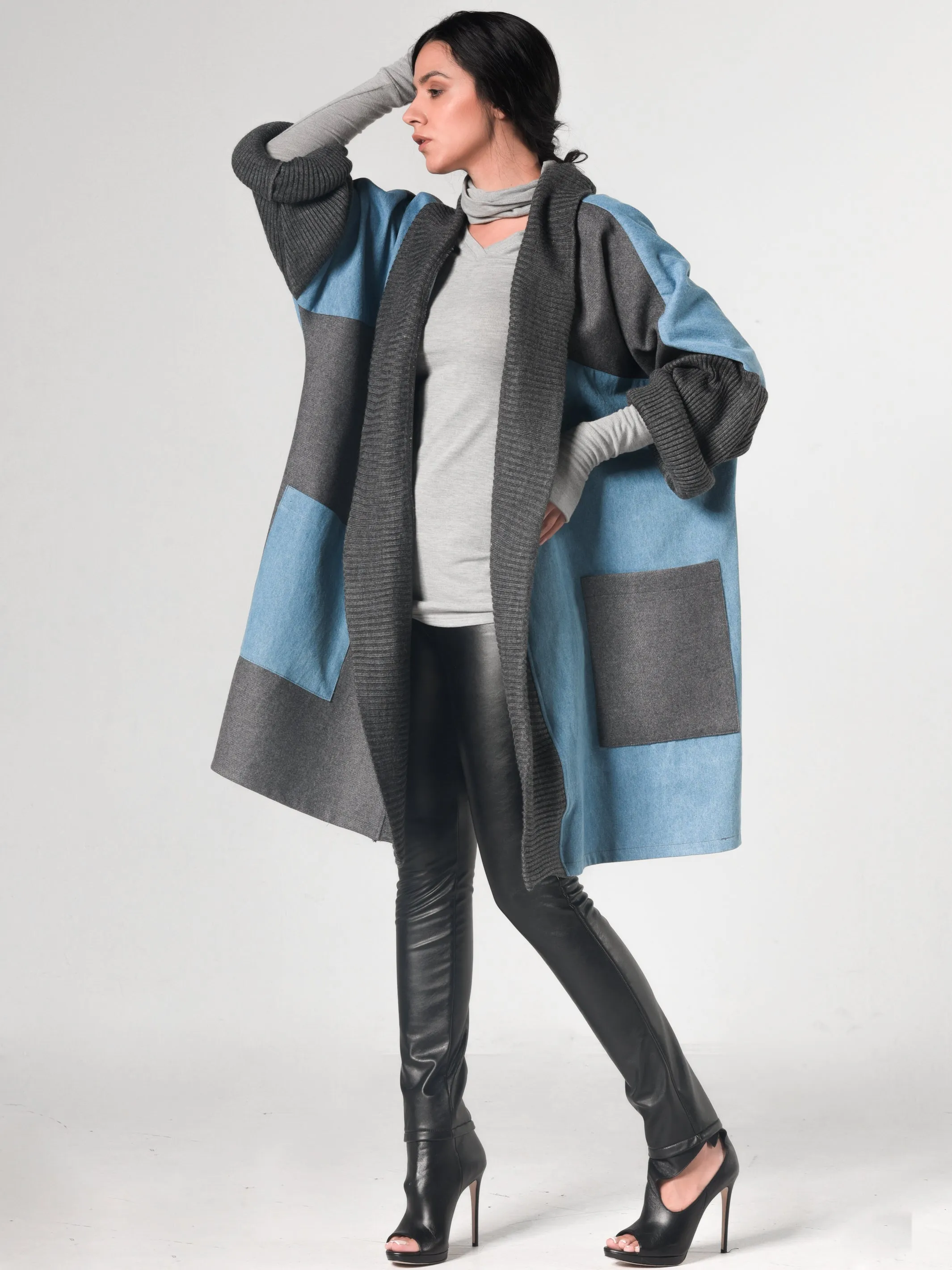 Oversize Gray Cardigan With Denim Parts