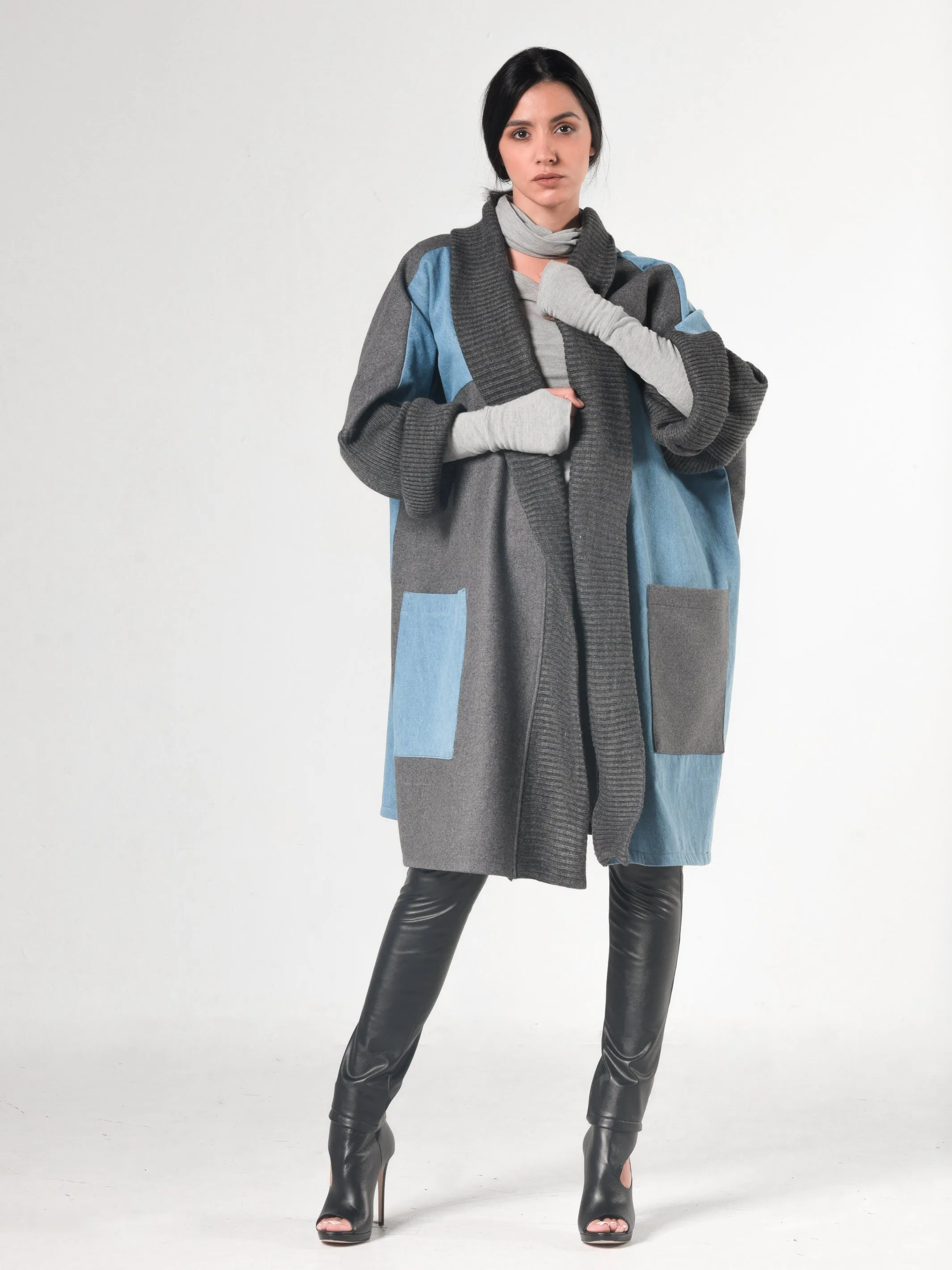 Oversize Gray Cardigan With Denim Parts