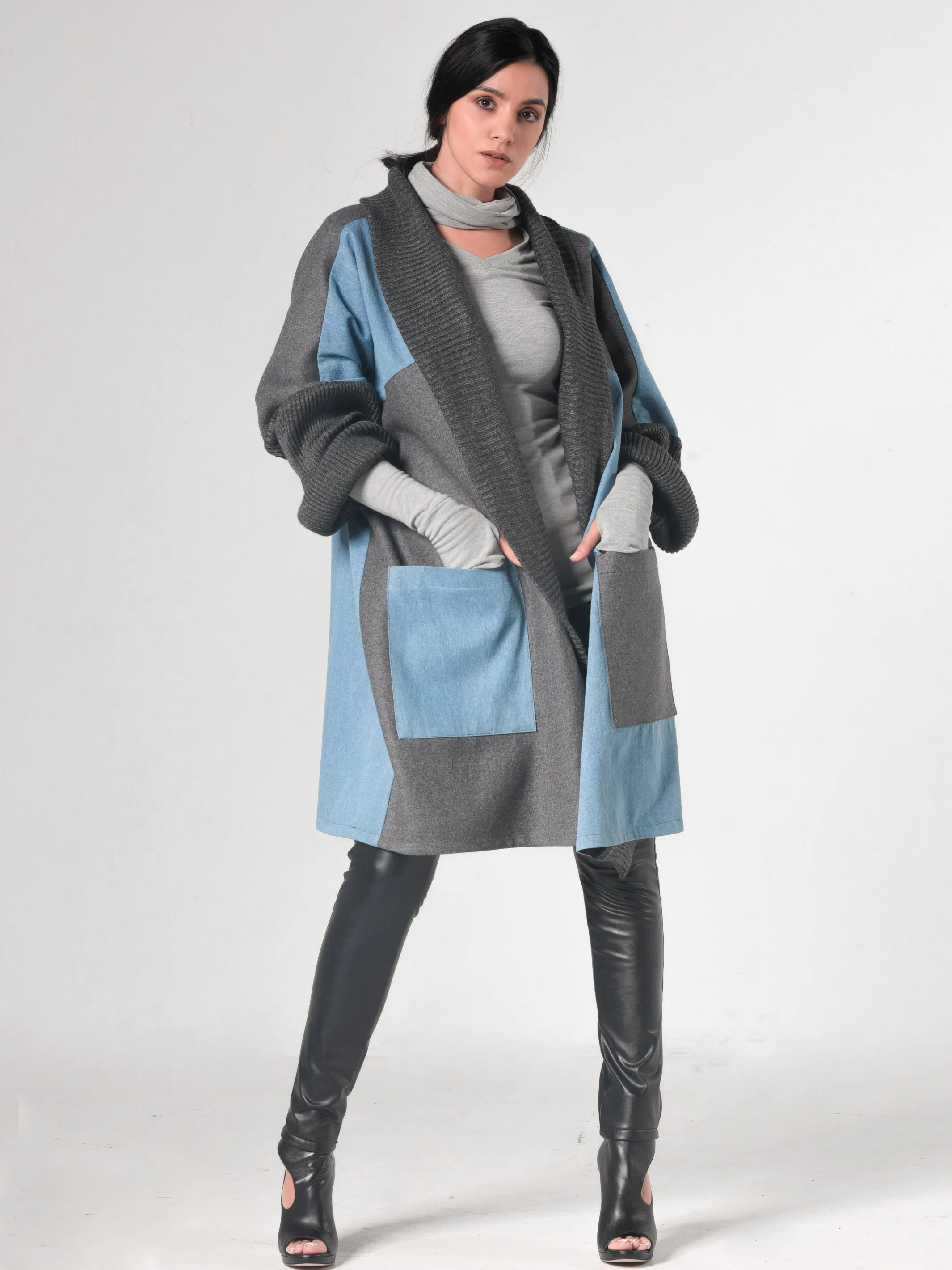 Oversize Gray Cardigan With Denim Parts