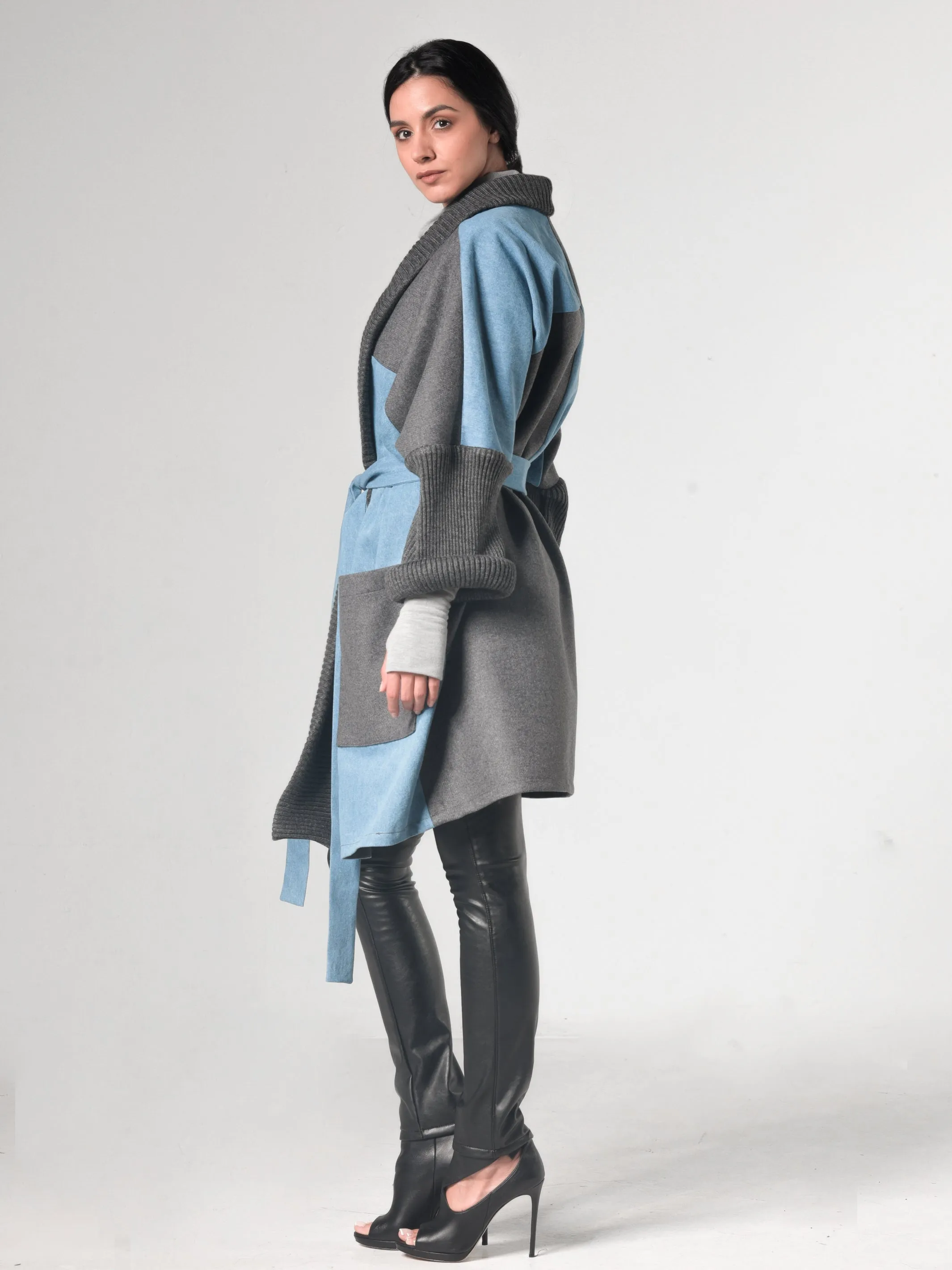 Oversize Gray Cardigan With Denim Parts