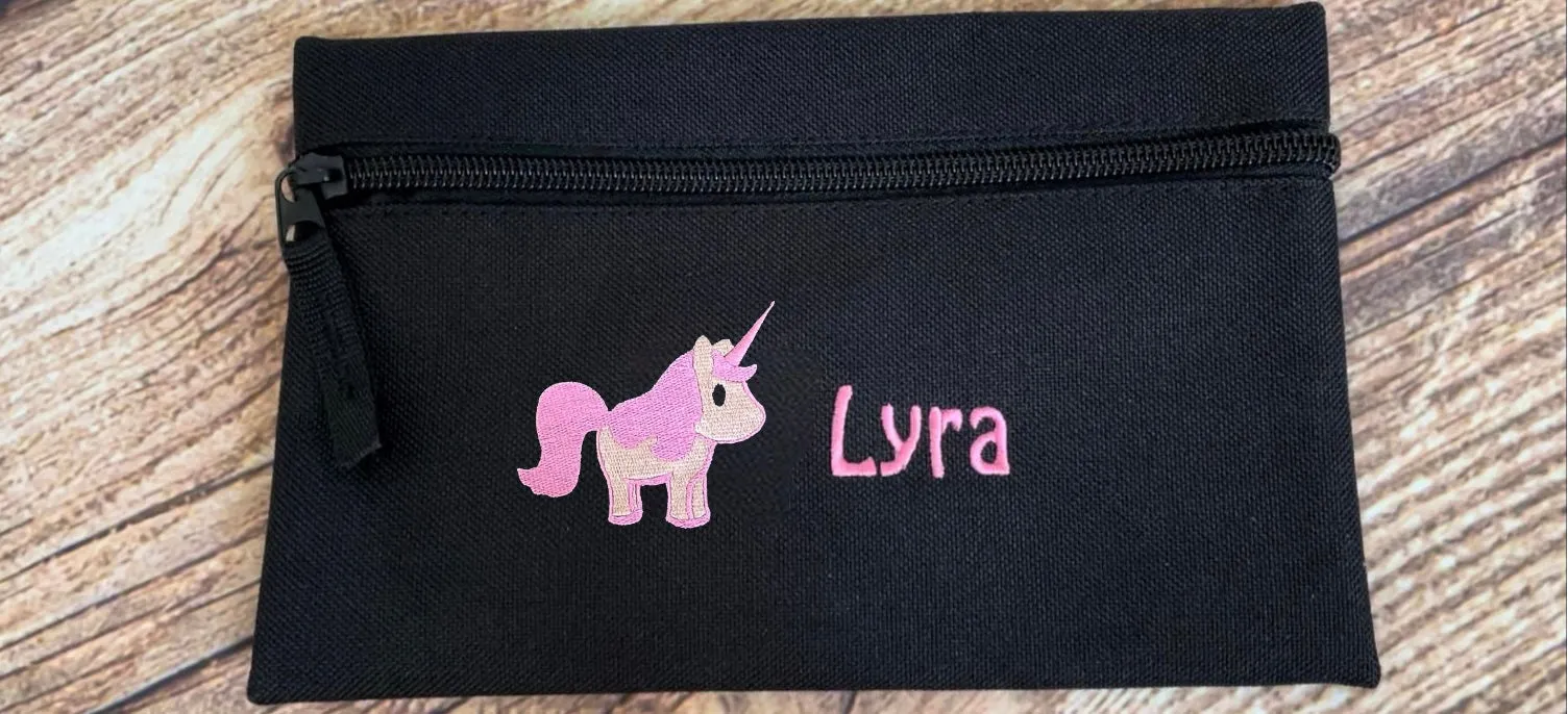 Pencil case personalised with embroidered name and choice of motif