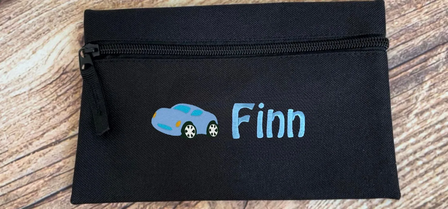 Pencil case personalised with embroidered name and choice of motif