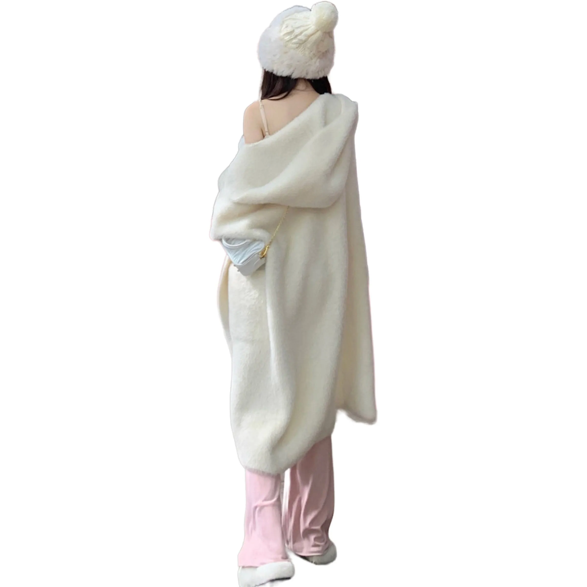 Sophie Hooded Faux Fur Mink Cardigan Knitted Chunky Long Handmade in White Size S, M, L, XL, 2XL
