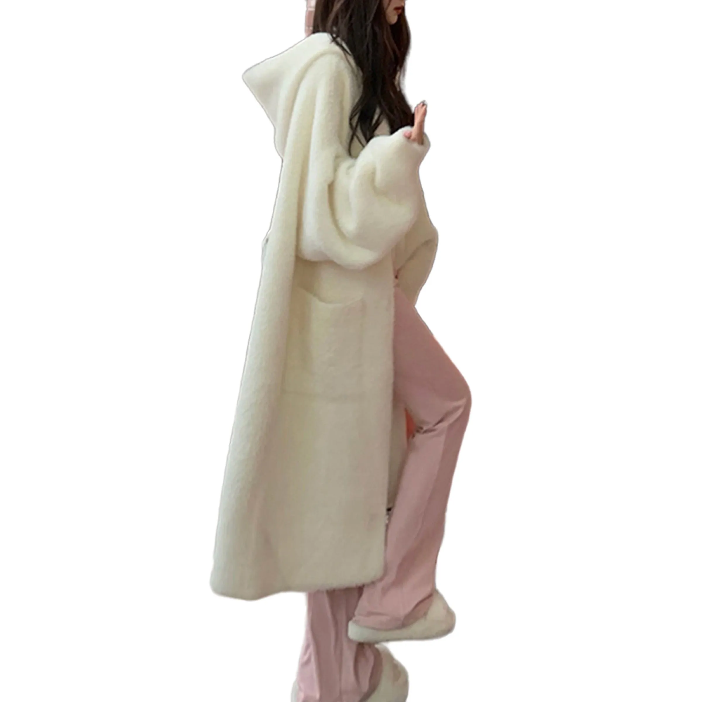 Sophie Hooded Faux Fur Mink Cardigan Knitted Chunky Long Handmade in White Size S, M, L, XL, 2XL