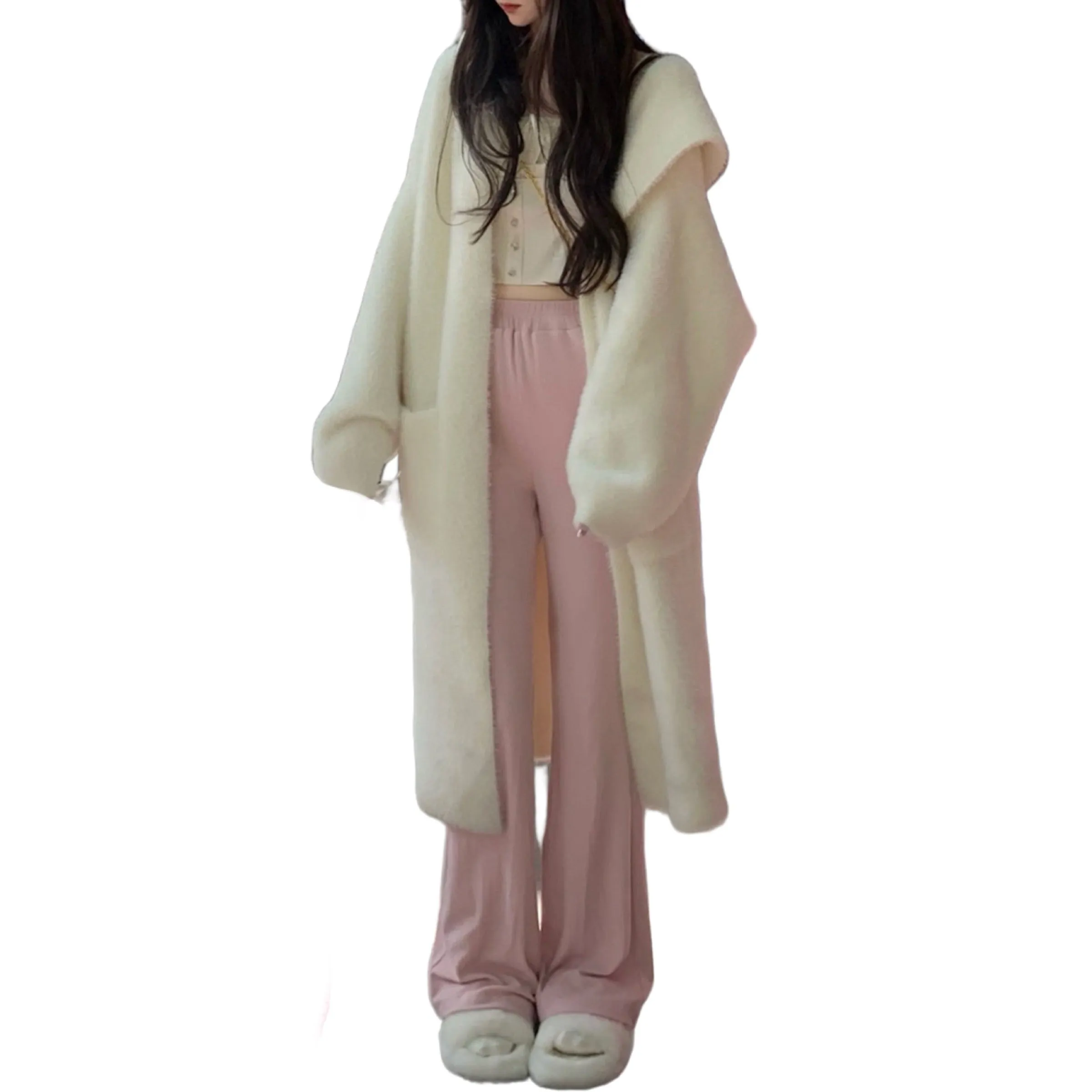 Sophie Hooded Faux Fur Mink Cardigan Knitted Chunky Long Handmade in White Size S, M, L, XL, 2XL