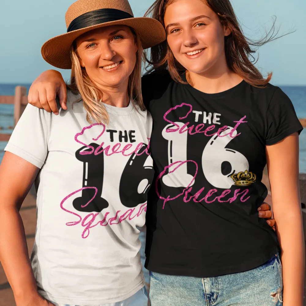Sweet 16 shirt with pink glitter, sweet 16 t shirts for family