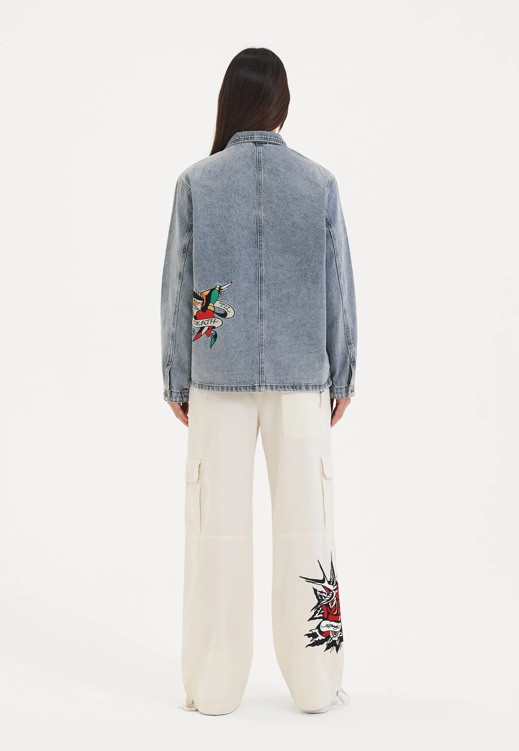 Womens Battle Of Eagles Denim Chore Jacket - Blue