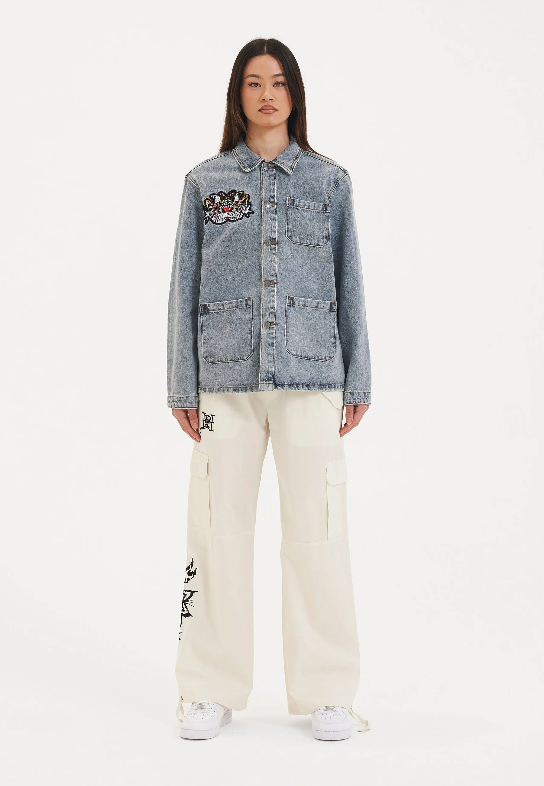 Womens Battle Of Eagles Denim Chore Jacket - Blue