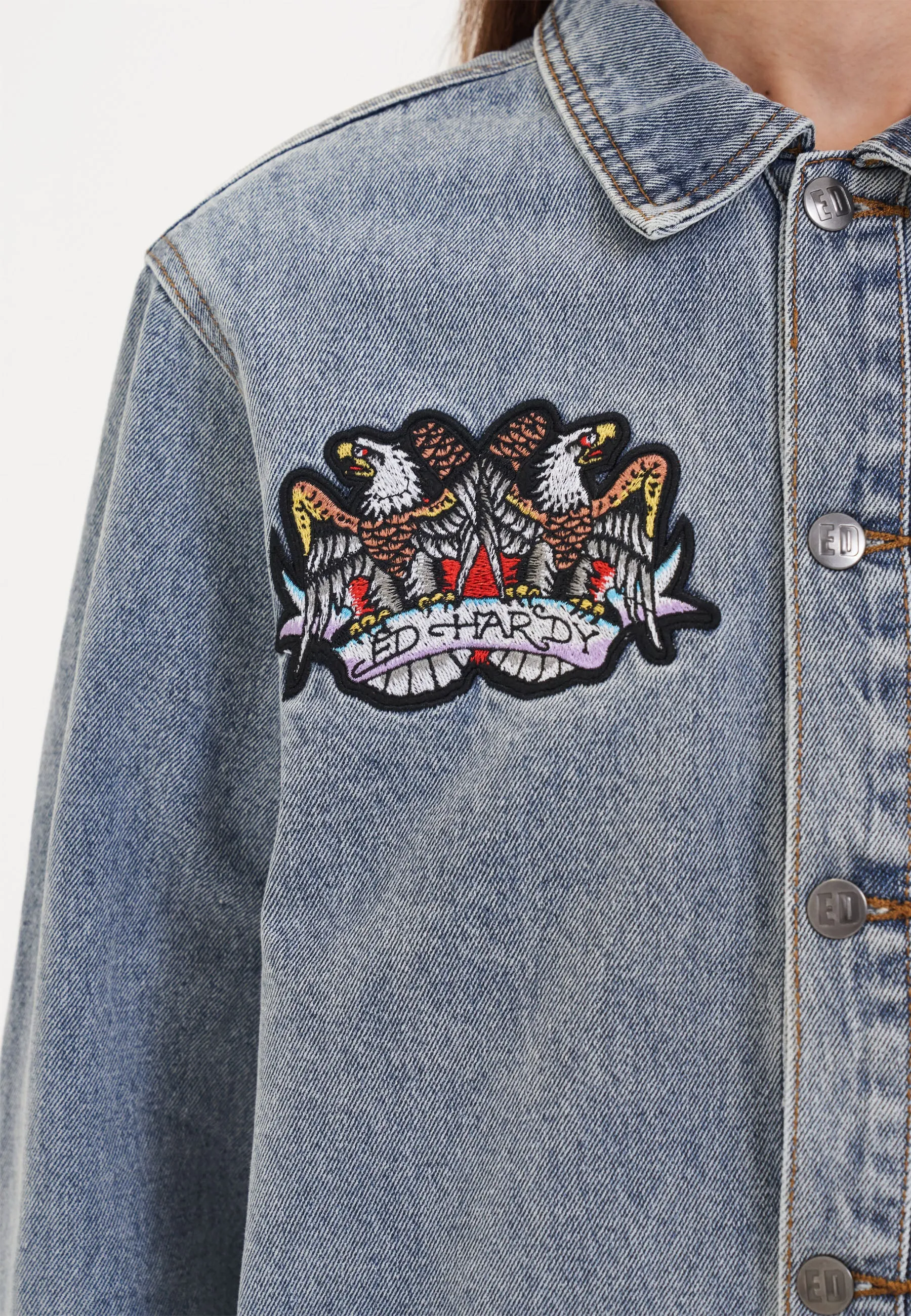 Womens Battle Of Eagles Denim Chore Jacket - Blue